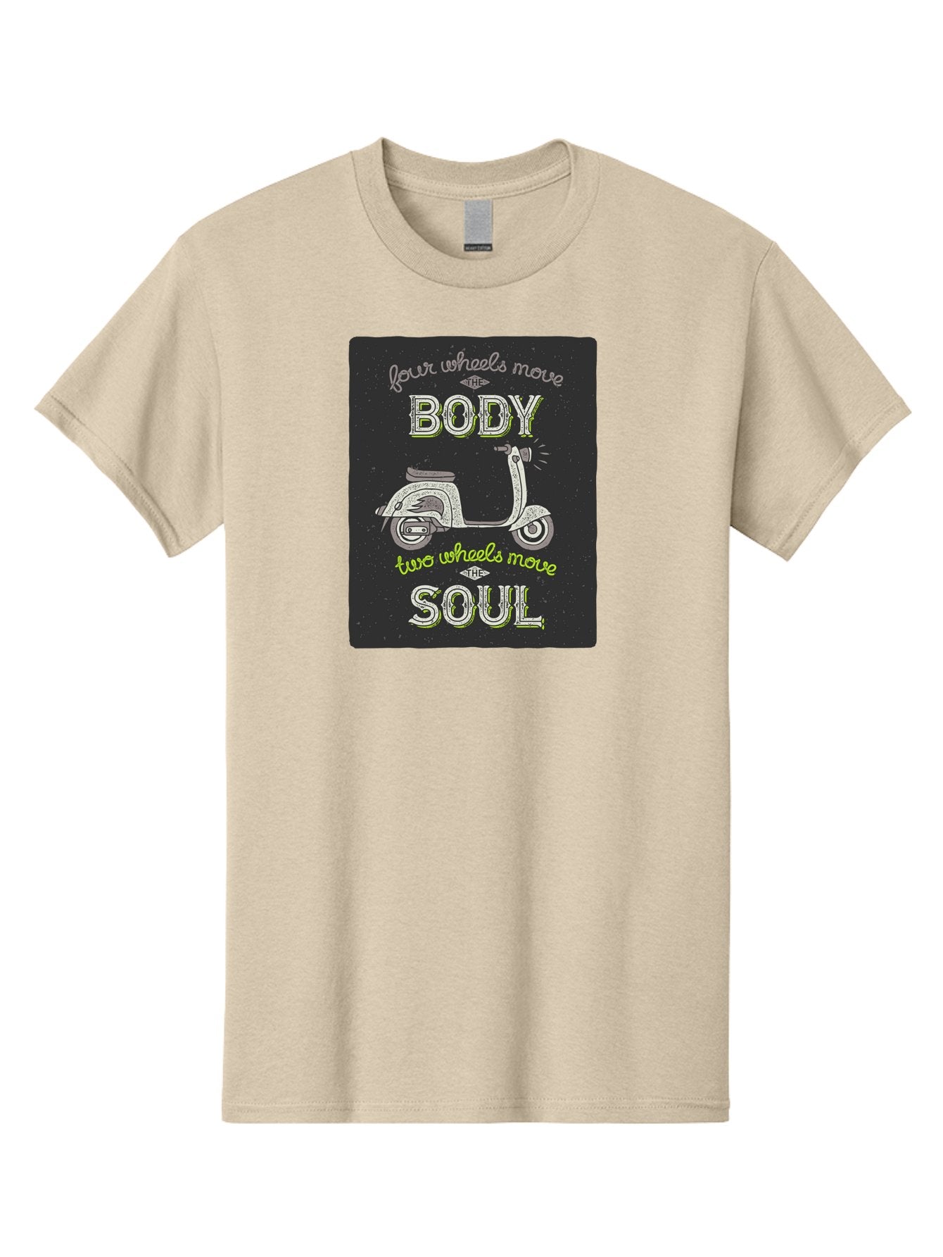 Four-Wheels-Move-The-Body-Two-Wheels-Move-The-Soul Men'S Graphic Tee, 100% Cotton, Comfortable Casual Summer Wear, Machine Washable, Vintage Scooter, Motivational Quote, Scooter Enthusiast, Soulful Ride, Freedom On Wheels, Biker Chic, Aac436 5