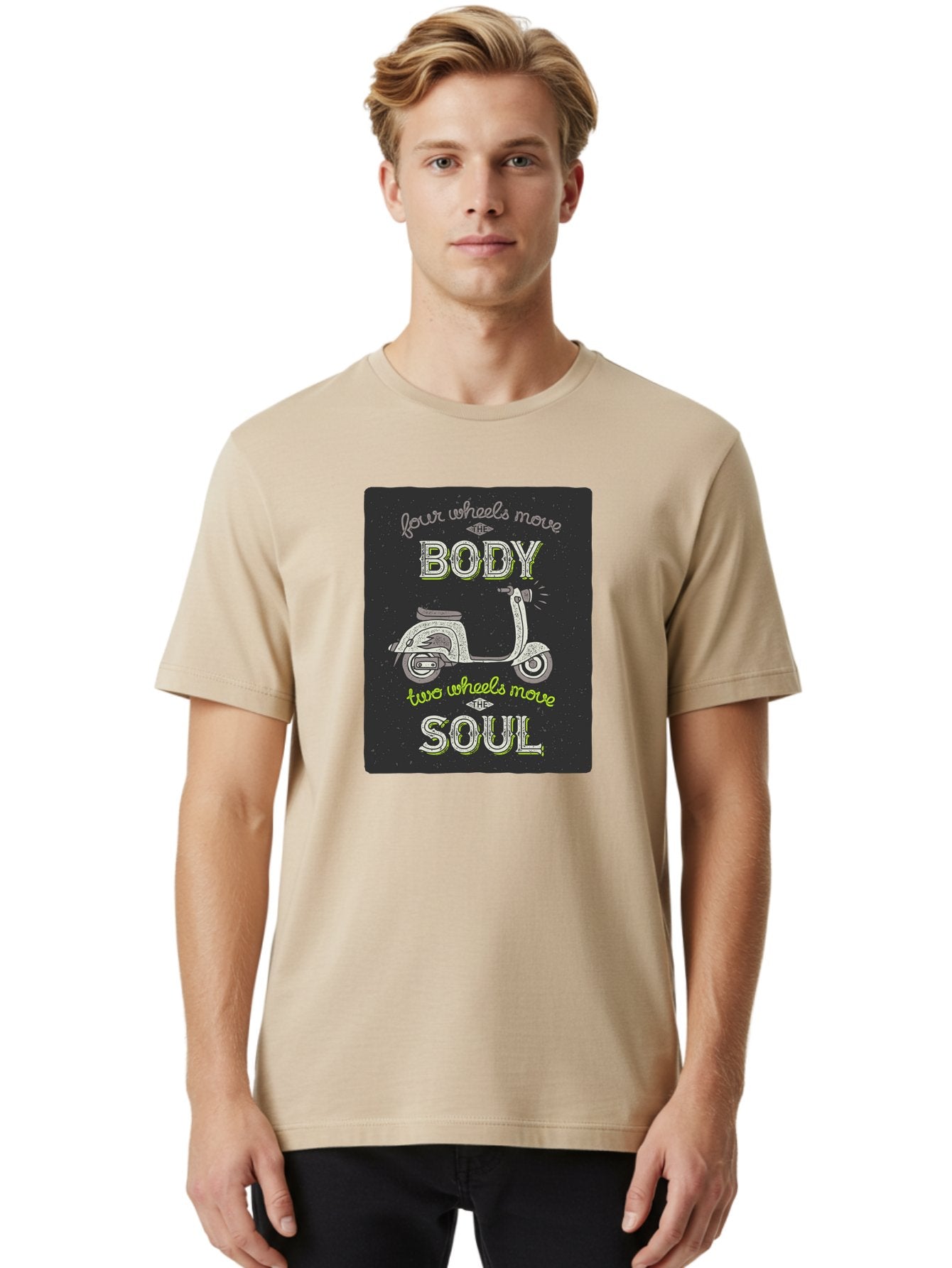 Four-Wheels-Move-The-Body-Two-Wheels-Move-The-Soul Men'S Graphic Tee, 100% Cotton, Comfortable Casual Summer Wear, Machine Washable, Vintage Scooter, Motivational Quote, Scooter Enthusiast, Soulful Ride, Freedom On Wheels, Biker Chic, Aac436 23
