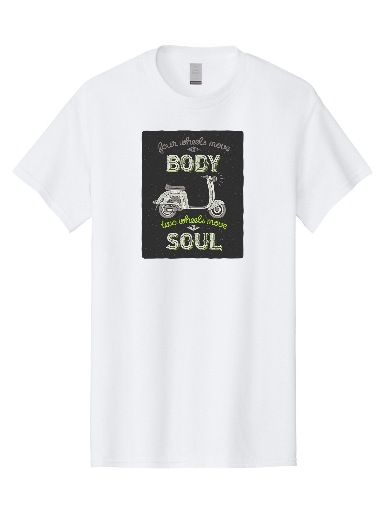 Four-Wheels-Move-The-Body-Two-Wheels-Move-The-Soul Men'S Graphic Tee, 100% Cotton, Comfortable Casual Summer Wear, Machine Washable, Vintage Scooter, Motivational Quote, Scooter Enthusiast, Soulful Ride, Freedom On Wheels, Biker Chic, Aac436