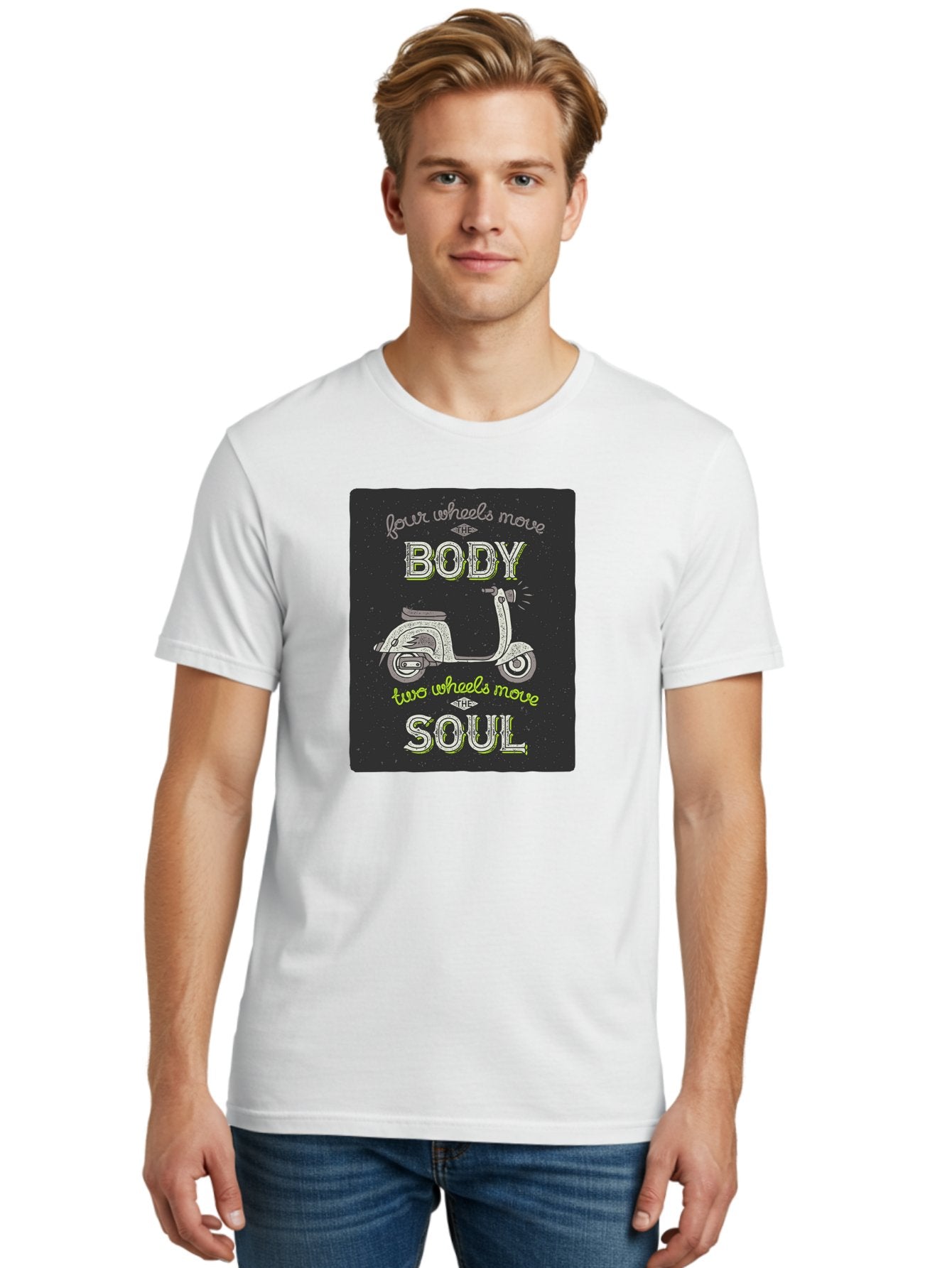 Four-Wheels-Move-The-Body-Two-Wheels-Move-The-Soul Men'S Graphic Tee, 100% Cotton, Comfortable Casual Summer Wear, Machine Washable, Vintage Scooter, Motivational Quote, Scooter Enthusiast, Soulful Ride, Freedom On Wheels, Biker Chic, Aac436 21