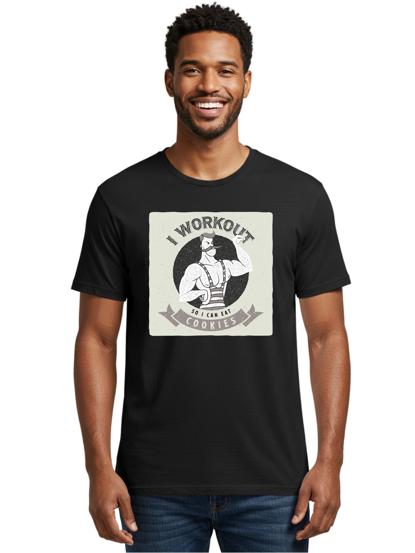 I-Workout-So-I-Can-Eat-Cookies Men'S Graphic Tee, 100% Cotton, Comfortable Casual Summer Wear, Machine Washable, Vintage Fitness Illustration, Muscular Man With Handlebar Mustache, Comic Style Graphic, Humorous Workout Quote, Flexing Muscles, Aac438 20
