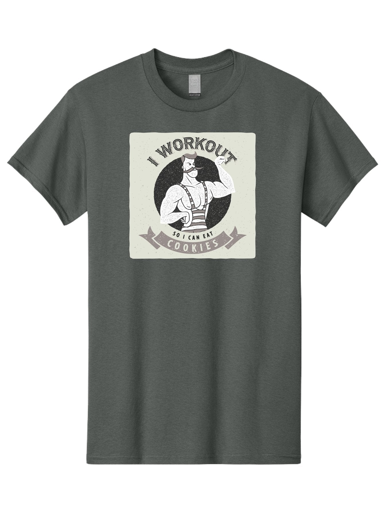 I-Workout-So-I-Can-Eat-Cookies Men'S Graphic Tee, 100% Cotton, Comfortable Casual Summer Wear, Machine Washable, Vintage Fitness Illustration, Muscular Man With Handlebar Mustache, Comic Style Graphic, Humorous Workout Quote, Flexing Muscles, Aac438 4