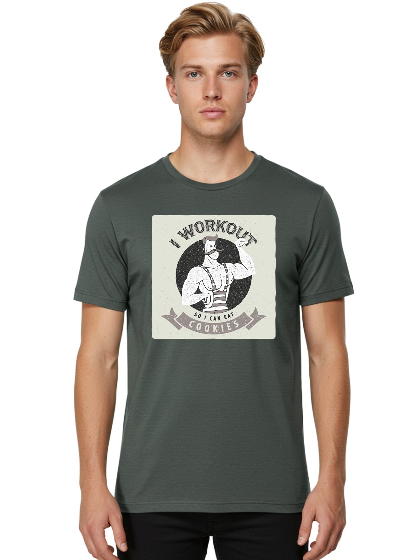 I-Workout-So-I-Can-Eat-Cookies Men'S Graphic Tee, 100% Cotton, Comfortable Casual Summer Wear, Machine Washable, Vintage Fitness Illustration, Muscular Man With Handlebar Mustache, Comic Style Graphic, Humorous Workout Quote, Flexing Muscles, Aac438 18