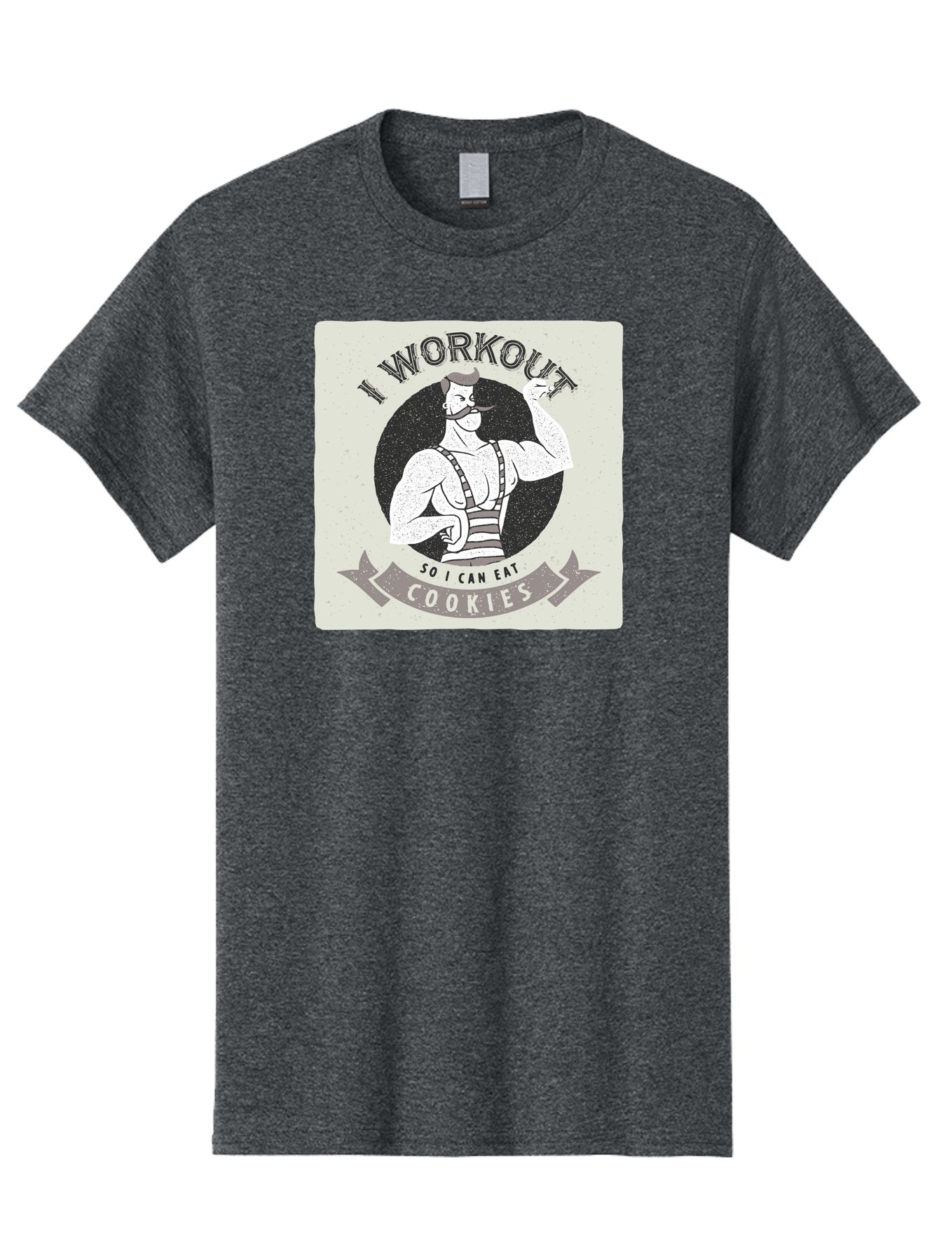 I-Workout-So-I-Can-Eat-Cookies Men'S Graphic Tee, 100% Cotton, Comfortable Casual Summer Wear, Machine Washable, Vintage Fitness Illustration, Muscular Man With Handlebar Mustache, Comic Style Graphic, Humorous Workout Quote, Flexing Muscles, Aac438 14