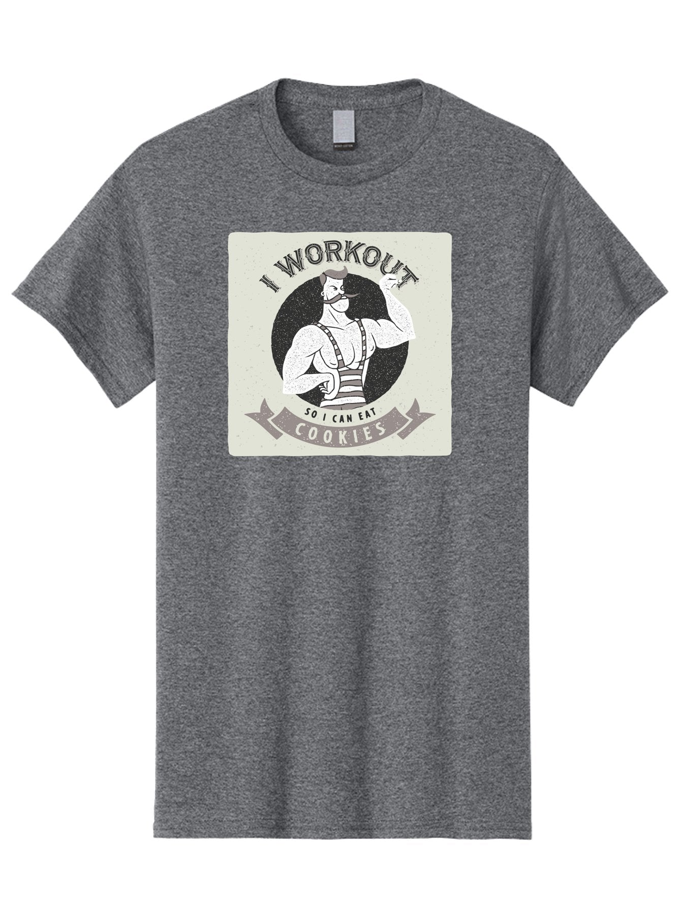 I-Workout-So-I-Can-Eat-Cookies Men'S Graphic Tee, 100% Cotton, Comfortable Casual Summer Wear, Machine Washable, Vintage Fitness Illustration, Muscular Man With Handlebar Mustache, Comic Style Graphic, Humorous Workout Quote, Flexing Muscles, Aac438 3