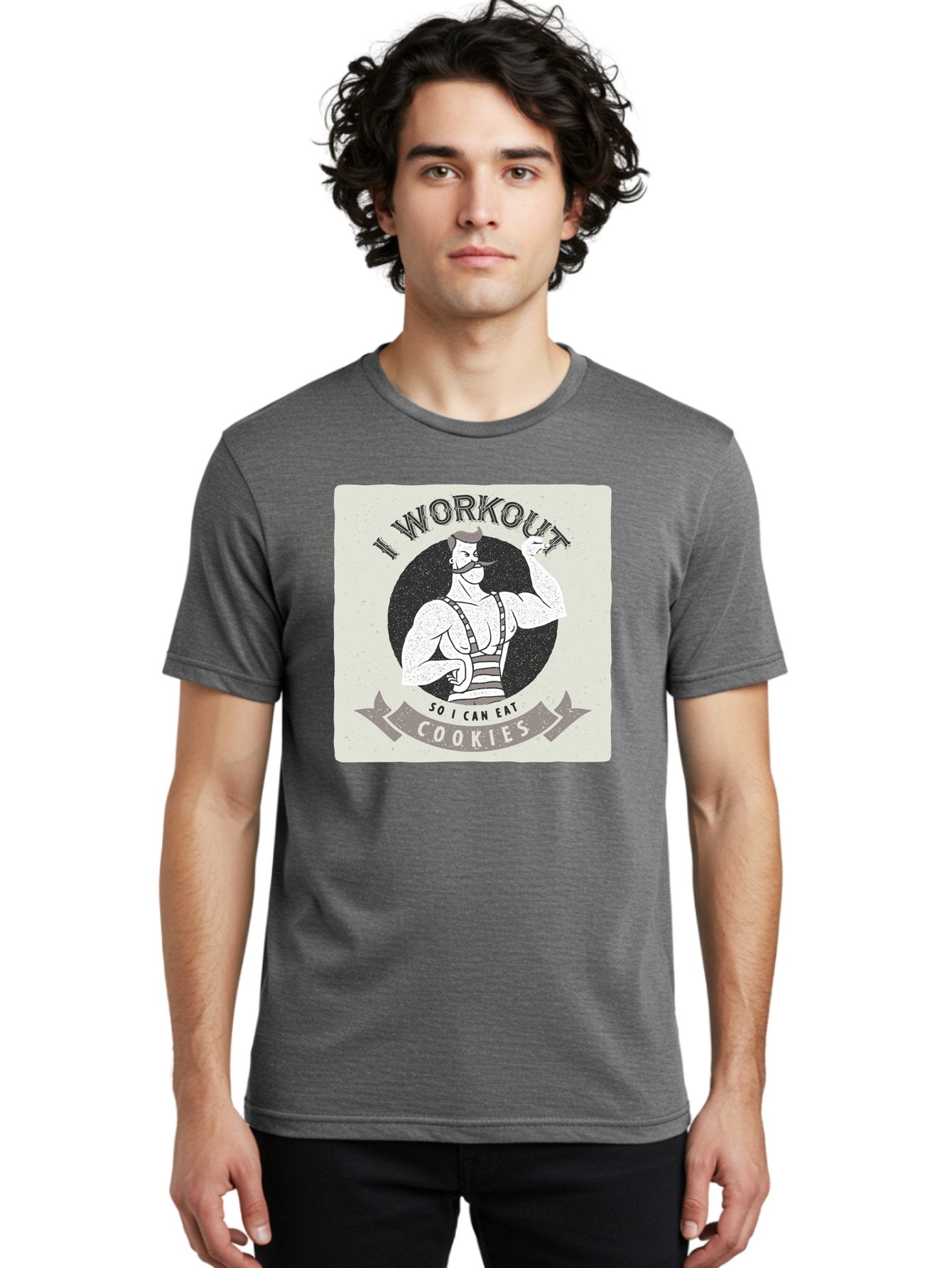 I-Workout-So-I-Can-Eat-Cookies Men'S Graphic Tee, 100% Cotton, Comfortable Casual Summer Wear, Machine Washable, Vintage Fitness Illustration, Muscular Man With Handlebar Mustache, Comic Style Graphic, Humorous Workout Quote, Flexing Muscles, Aac438 22