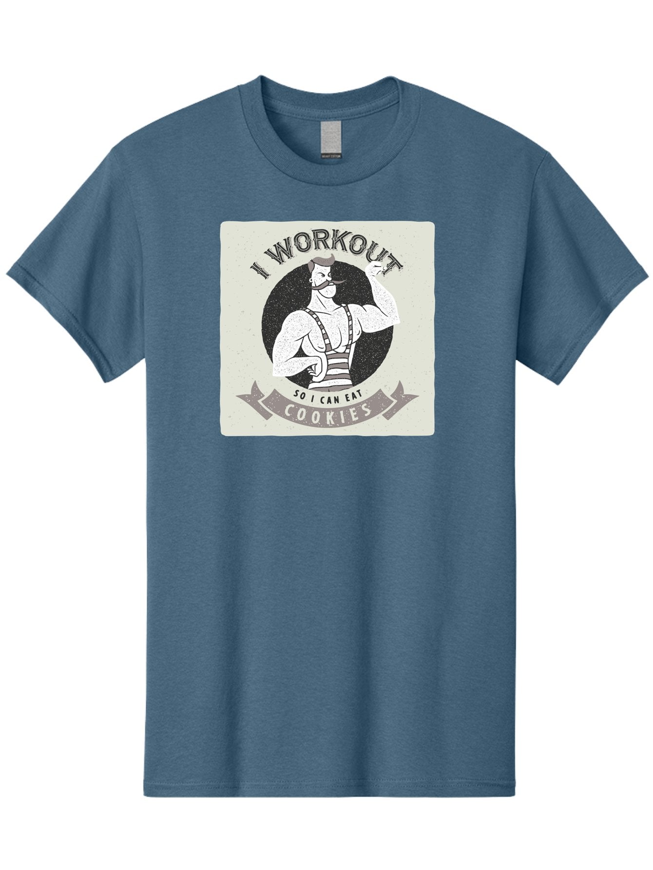 I-Workout-So-I-Can-Eat-Cookies Men'S Graphic Tee, 100% Cotton, Comfortable Casual Summer Wear, Machine Washable, Vintage Fitness Illustration, Muscular Man With Handlebar Mustache, Comic Style Graphic, Humorous Workout Quote, Flexing Muscles, Aac438 11