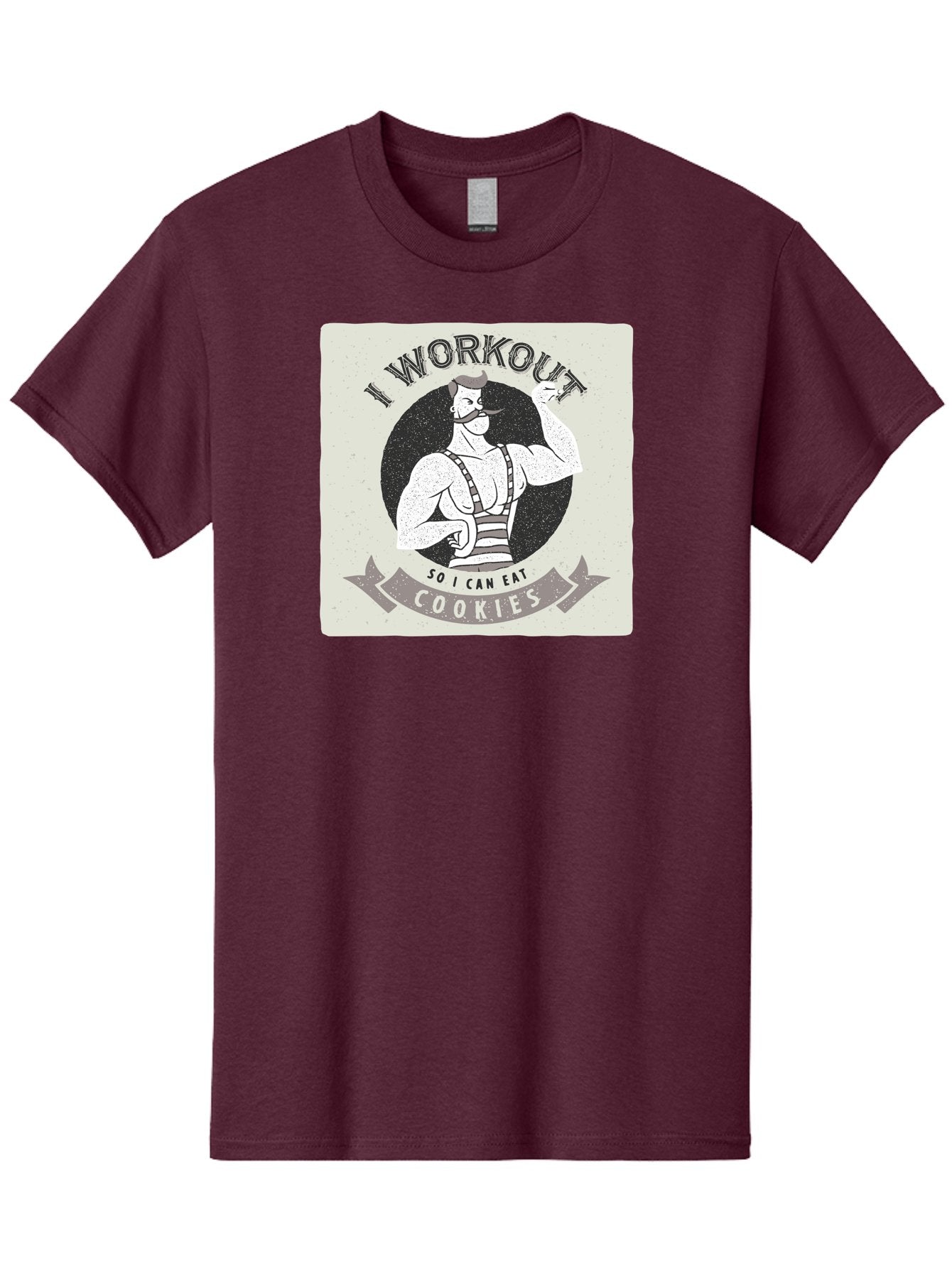 I-Workout-So-I-Can-Eat-Cookies Men'S Graphic Tee, 100% Cotton, Comfortable Casual Summer Wear, Machine Washable, Vintage Fitness Illustration, Muscular Man With Handlebar Mustache, Comic Style Graphic, Humorous Workout Quote, Flexing Muscles, Aac438 8