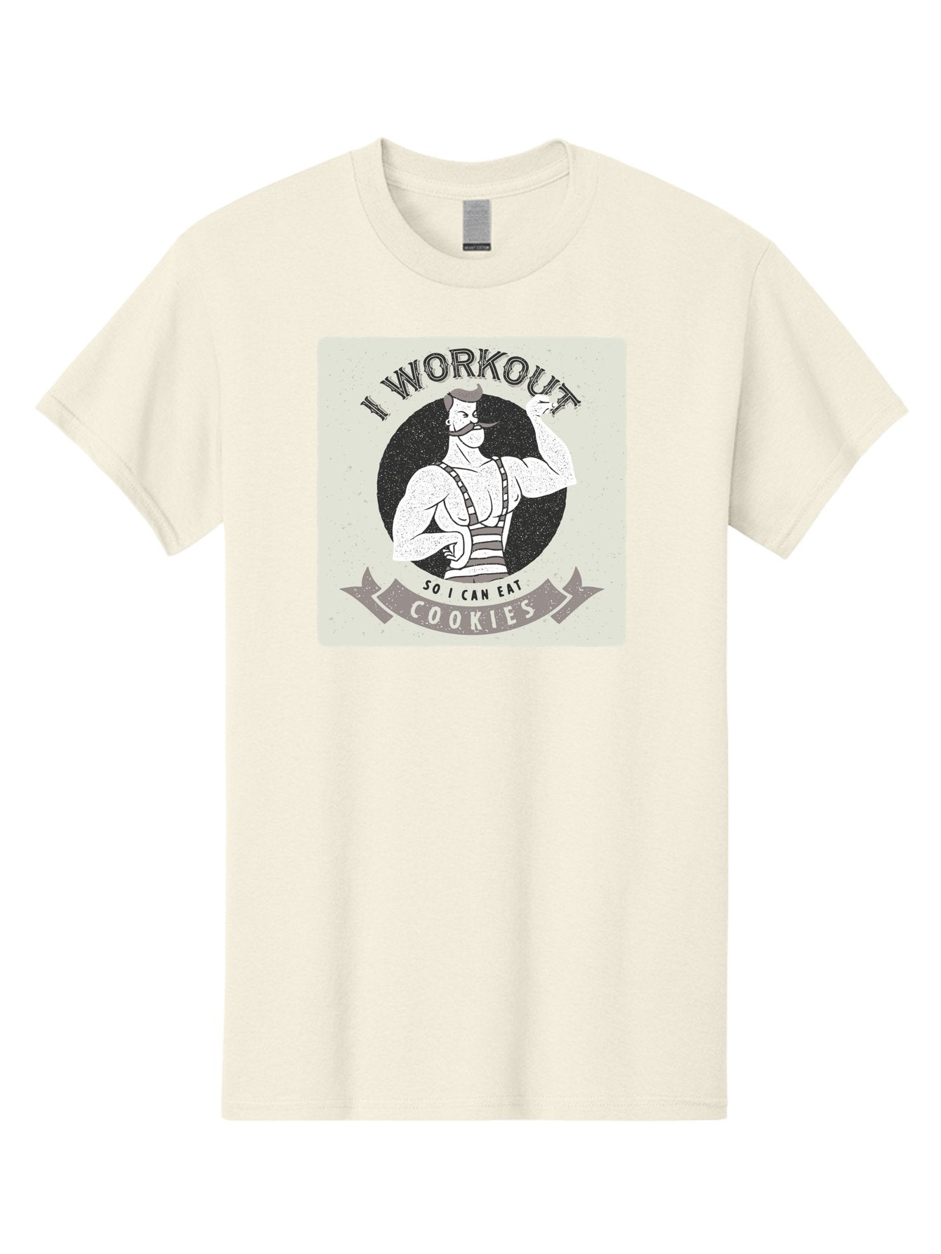 I-Workout-So-I-Can-Eat-Cookies Men'S Graphic Tee, 100% Cotton, Comfortable Casual Summer Wear, Machine Washable, Vintage Fitness Illustration, Muscular Man With Handlebar Mustache, Comic Style Graphic, Humorous Workout Quote, Flexing Muscles, Aac438