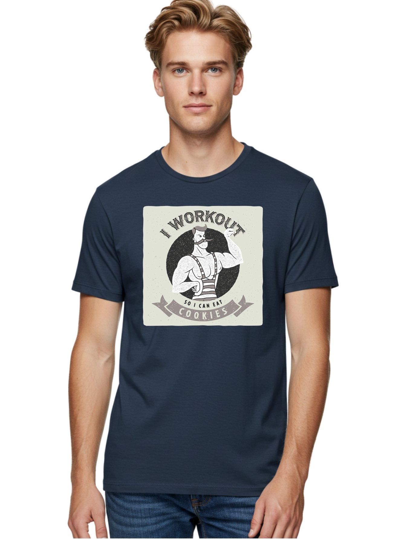 I-Workout-So-I-Can-Eat-Cookies Men'S Graphic Tee, 100% Cotton, Comfortable Casual Summer Wear, Machine Washable, Vintage Fitness Illustration, Muscular Man With Handlebar Mustache, Comic Style Graphic, Humorous Workout Quote, Flexing Muscles, Aac438 24