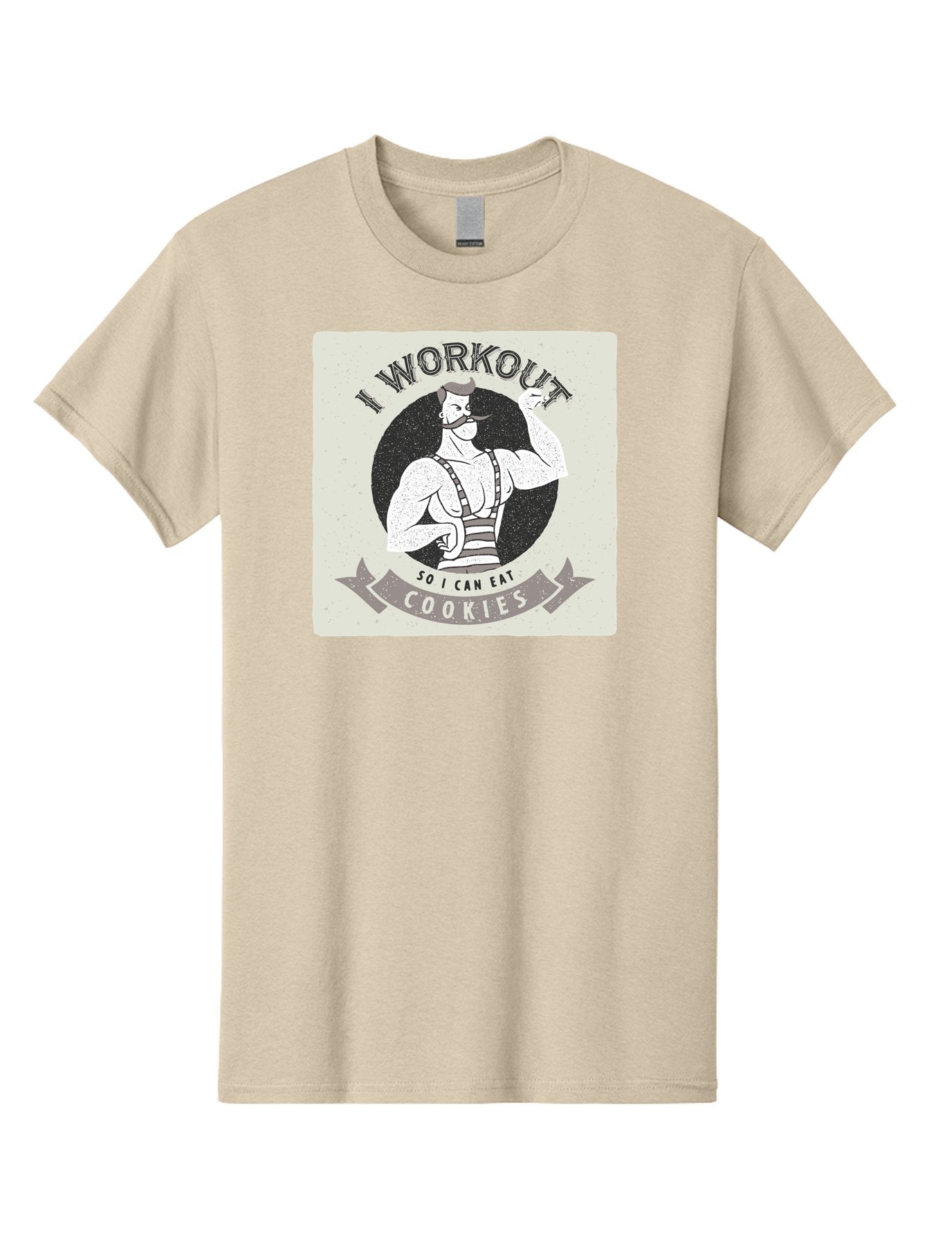 I-Workout-So-I-Can-Eat-Cookies Men'S Graphic Tee, 100% Cotton, Comfortable Casual Summer Wear, Machine Washable, Vintage Fitness Illustration, Muscular Man With Handlebar Mustache, Comic Style Graphic, Humorous Workout Quote, Flexing Muscles, Aac438 9