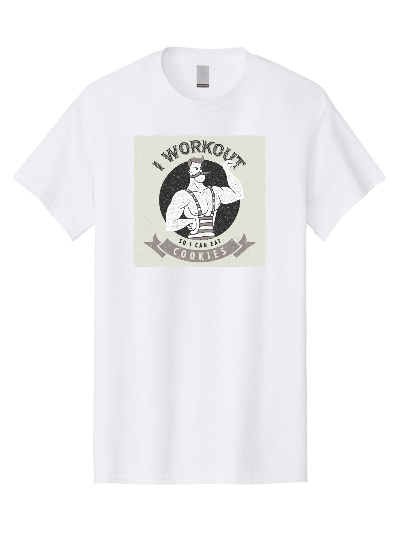 I-Workout-So-I-Can-Eat-Cookies Men'S Graphic Tee, 100% Cotton, Comfortable Casual Summer Wear, Machine Washable, Vintage Fitness Illustration, Muscular Man With Handlebar Mustache, Comic Style Graphic, Humorous Workout Quote, Flexing Muscles, Aac438 12