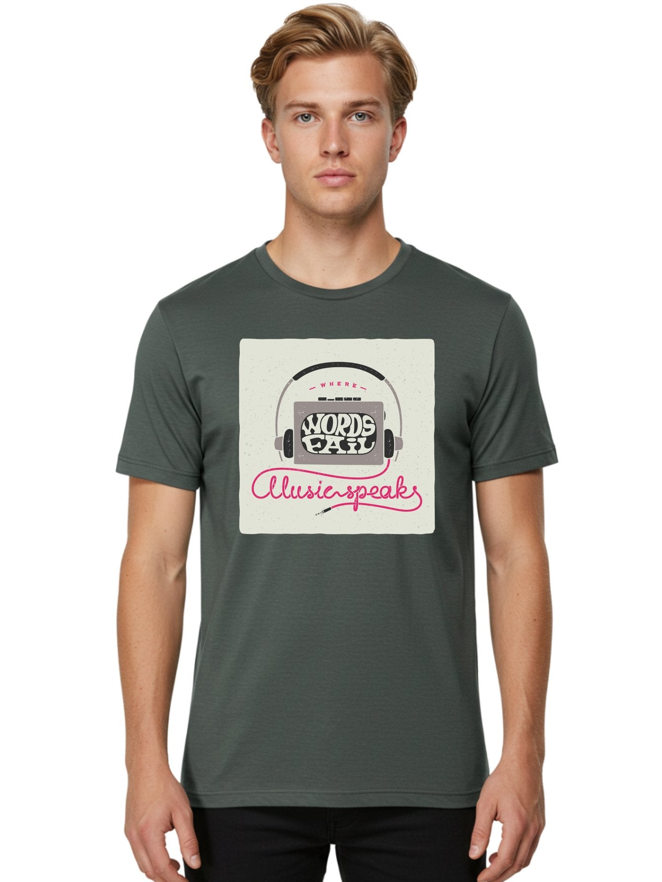 Where-Words-Fail-Music-Speaks-1 Men'S Graphic Tee, 100% Cotton, Comfortable Casual Summer Wear, Machine Washable, Music Speaks, Where Words Fail, Inspirational Quotes, Motivational Phrases, Music Headphones, Retro Style, Artistic Expression, Aac440 27