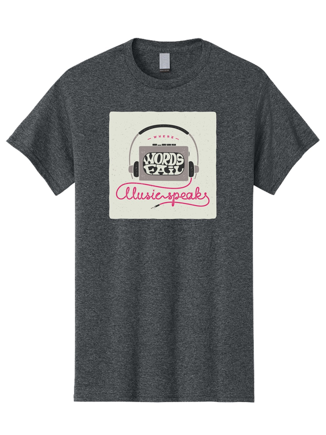 Where-Words-Fail-Music-Speaks-1 Men'S Graphic Tee, 100% Cotton, Comfortable Casual Summer Wear, Machine Washable, Music Speaks, Where Words Fail, Inspirational Quotes, Motivational Phrases, Music Headphones, Retro Style, Artistic Expression, Aac440