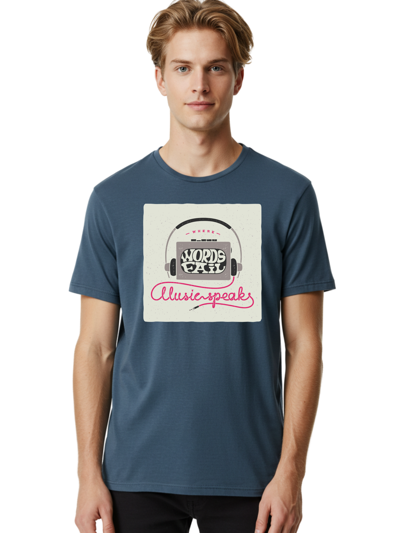 Where-Words-Fail-Music-Speaks-1 Men'S Graphic Tee, 100% Cotton, Comfortable Casual Summer Wear, Machine Washable, Music Speaks, Where Words Fail, Inspirational Quotes, Motivational Phrases, Music Headphones, Retro Style, Artistic Expression, Aac440 20