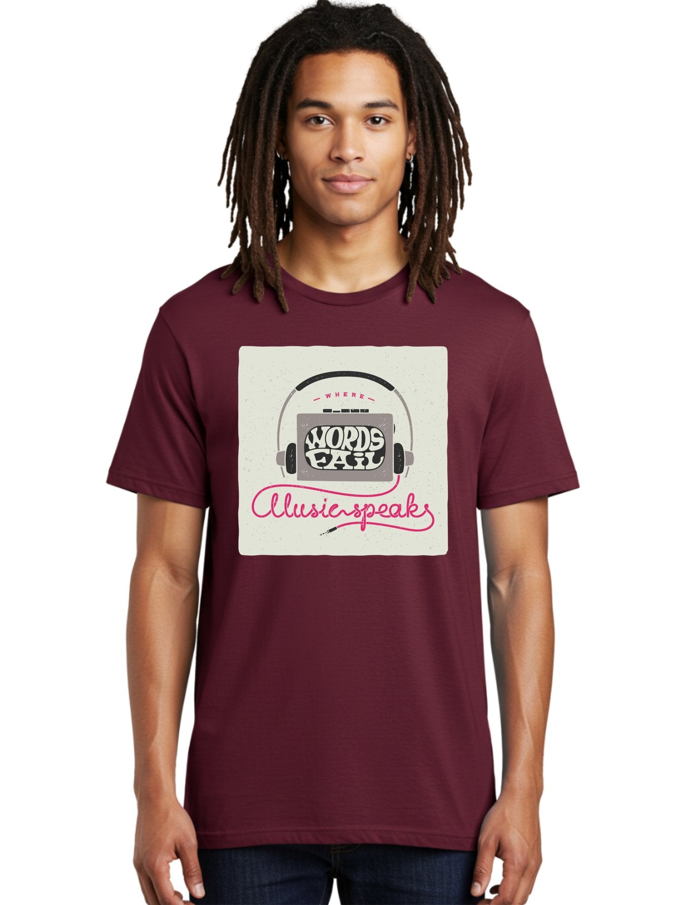 Where-Words-Fail-Music-Speaks-1 Men'S Graphic Tee, 100% Cotton, Comfortable Casual Summer Wear, Machine Washable, Music Speaks, Where Words Fail, Inspirational Quotes, Motivational Phrases, Music Headphones, Retro Style, Artistic Expression, Aac440 26