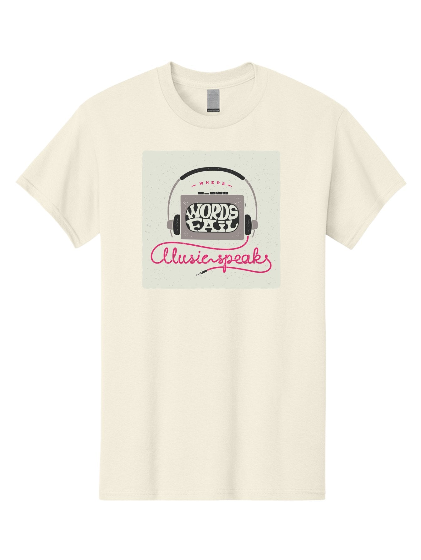 Where-Words-Fail-Music-Speaks-1 Men'S Graphic Tee, 100% Cotton, Comfortable Casual Summer Wear, Machine Washable, Music Speaks, Where Words Fail, Inspirational Quotes, Motivational Phrases, Music Headphones, Retro Style, Artistic Expression, Aac440 14