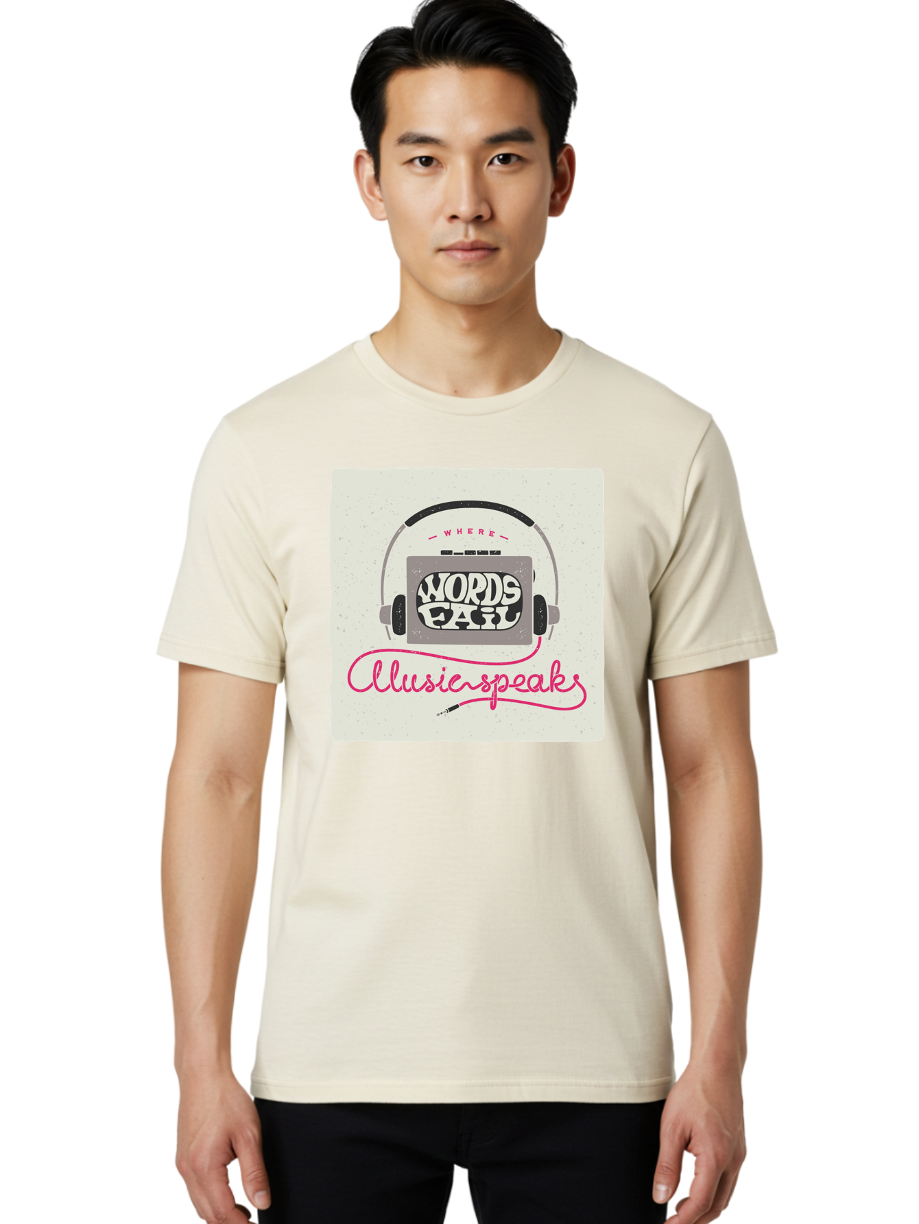 Where-Words-Fail-Music-Speaks-1 Men'S Graphic Tee, 100% Cotton, Comfortable Casual Summer Wear, Machine Washable, Music Speaks, Where Words Fail, Inspirational Quotes, Motivational Phrases, Music Headphones, Retro Style, Artistic Expression, Aac440 4