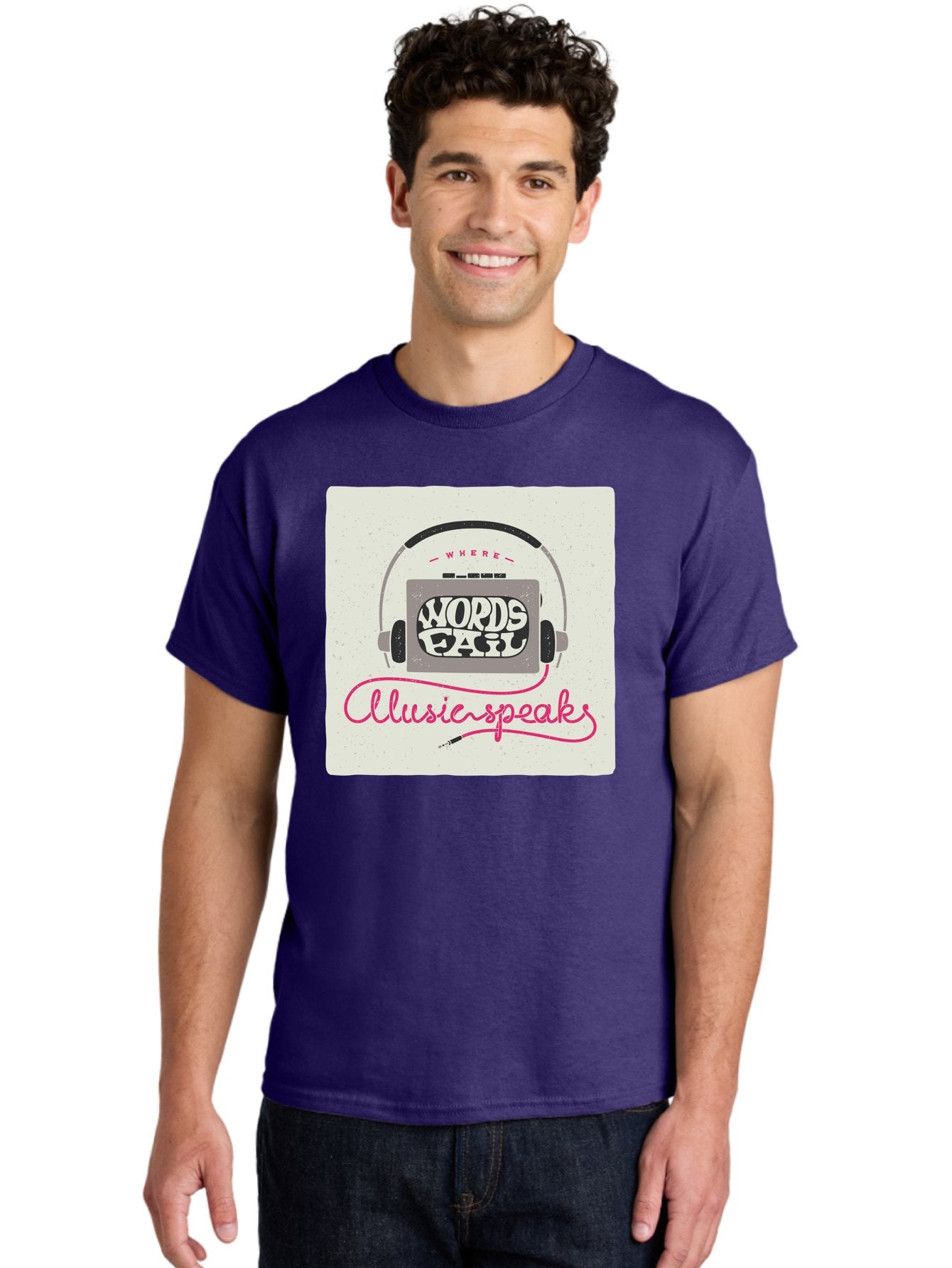 Where-Words-Fail-Music-Speaks-1 Men'S Graphic Tee, 100% Cotton, Comfortable Casual Summer Wear, Machine Washable, Music Speaks, Where Words Fail, Inspirational Quotes, Motivational Phrases, Music Headphones, Retro Style, Artistic Expression, Aac440 25