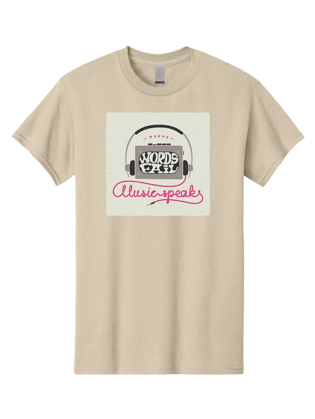 Where-Words-Fail-Music-Speaks-1 Men'S Graphic Tee, 100% Cotton, Comfortable Casual Summer Wear, Machine Washable, Music Speaks, Where Words Fail, Inspirational Quotes, Motivational Phrases, Music Headphones, Retro Style, Artistic Expression, Aac440 15