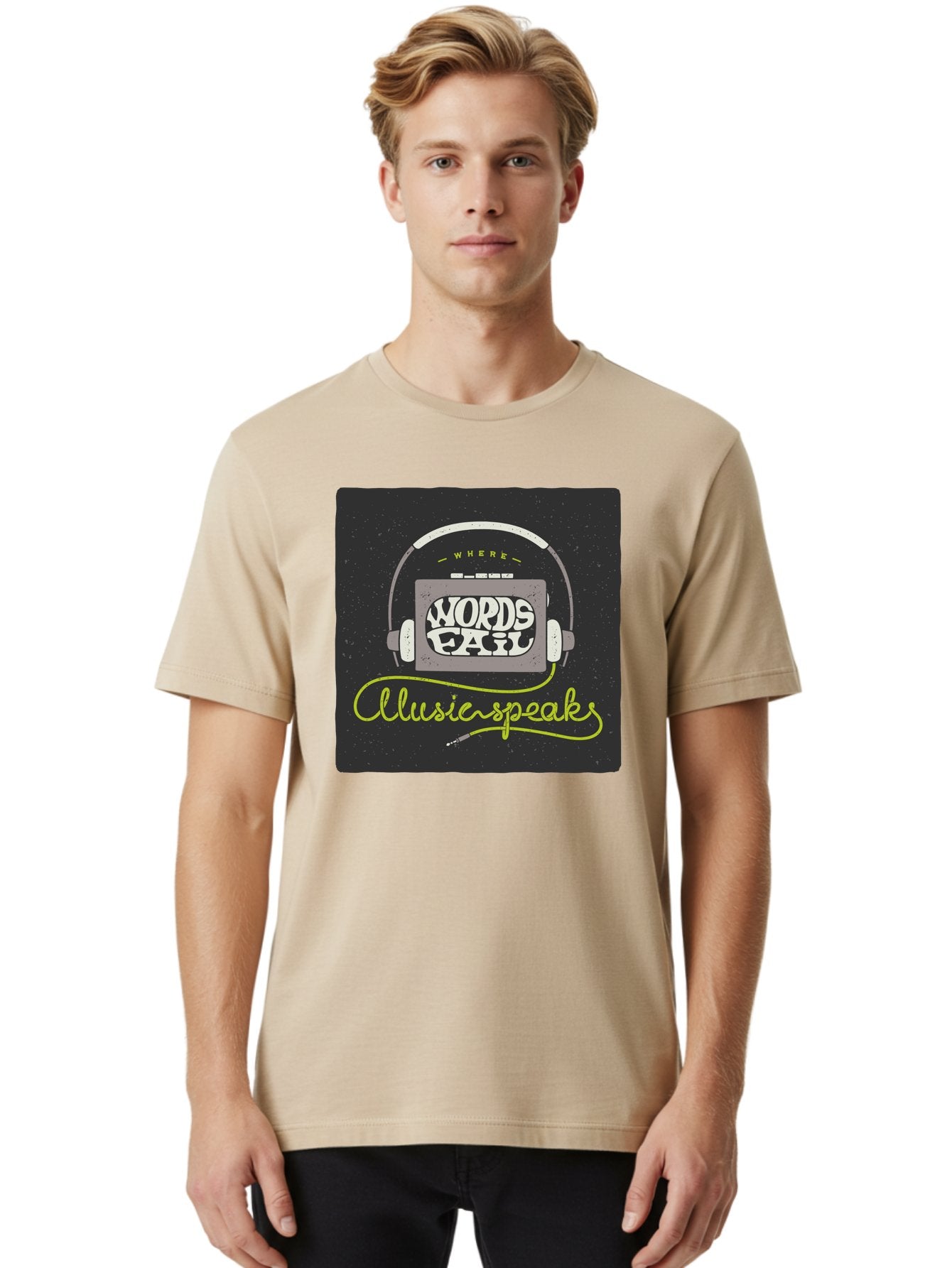 Where-Words-Fail-Music-Speaks Men'S Graphic Tee, 100% Cotton, Comfortable Casual Summer Wear, Machine Washable, Music Inspiration, Emotional Expression, Creative Quotes, Motivational Phrases, Where Words Fail Music Speaks, Aac441 30