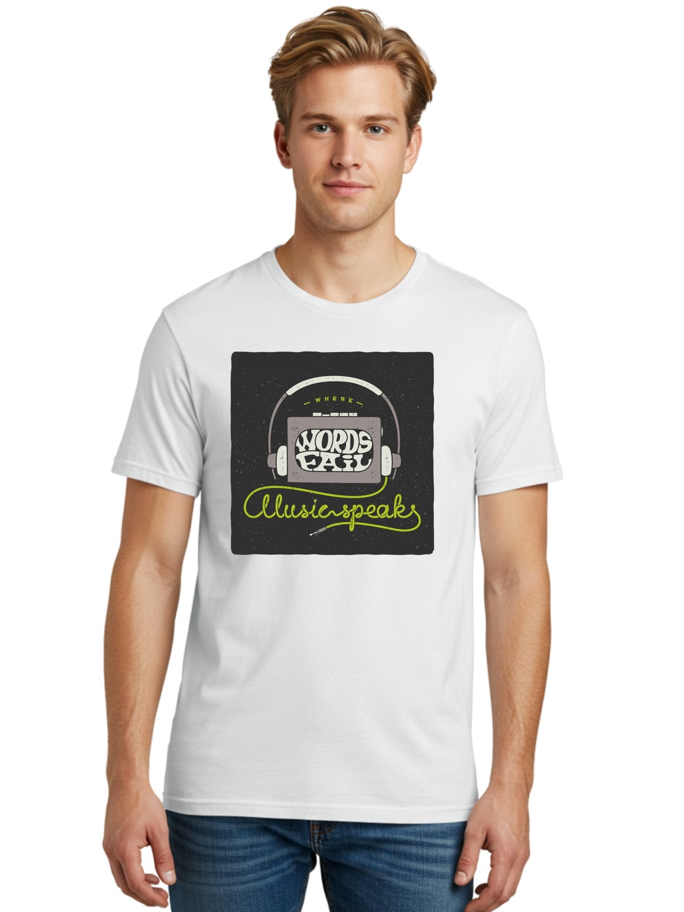 Where-Words-Fail-Music-Speaks Men'S Graphic Tee, 100% Cotton, Comfortable Casual Summer Wear, Machine Washable, Music Inspiration, Emotional Expression, Creative Quotes, Motivational Phrases, Where Words Fail Music Speaks, Aac441 19