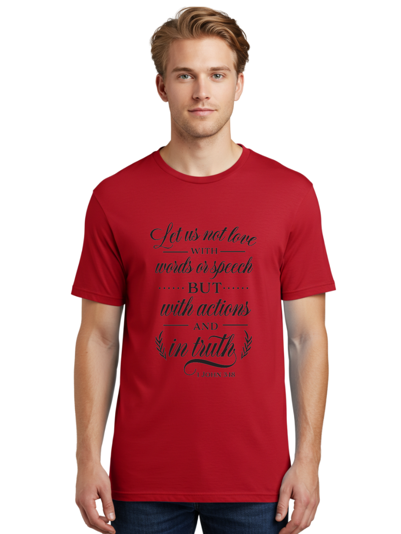1-John-3-18 Men'S Graphic Tee, 100% Cotton, Comfortable Casual Summer Wear, Machine Washable, Inspirational Quote, Biblical Verse, 1 John 3:18, Love In Truth, Actions Over Words, Spiritual Guidance, Faith-Based Message, Motivational Words Aac442