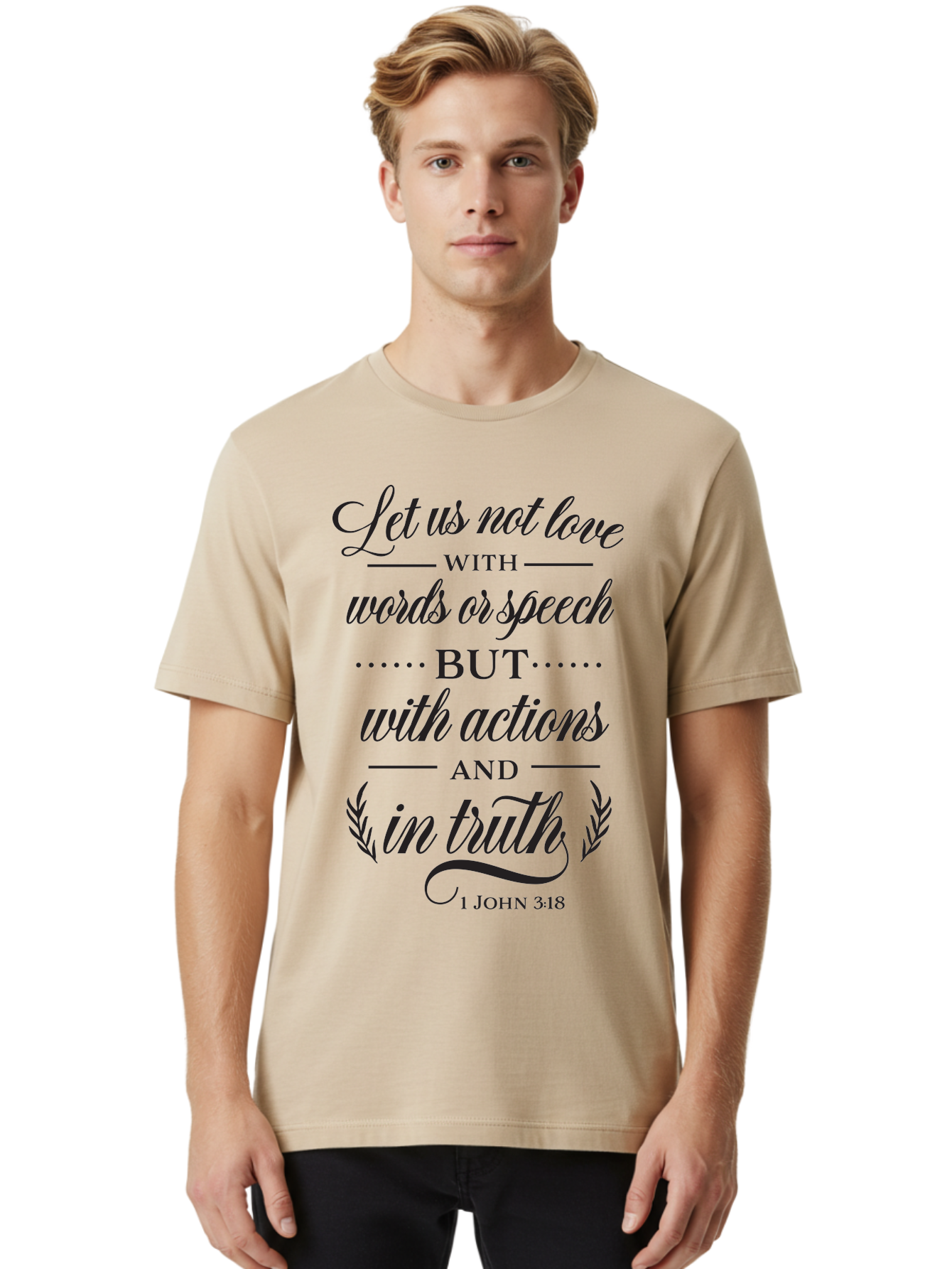 1-John-3-18 Men'S Graphic Tee, 100% Cotton, Comfortable Casual Summer Wear, Machine Washable, Inspirational Quote, Biblical Verse, 1 John 3:18, Love In Truth, Actions Over Words, Spiritual Guidance, Faith-Based Message, Motivational Words Aac442 14