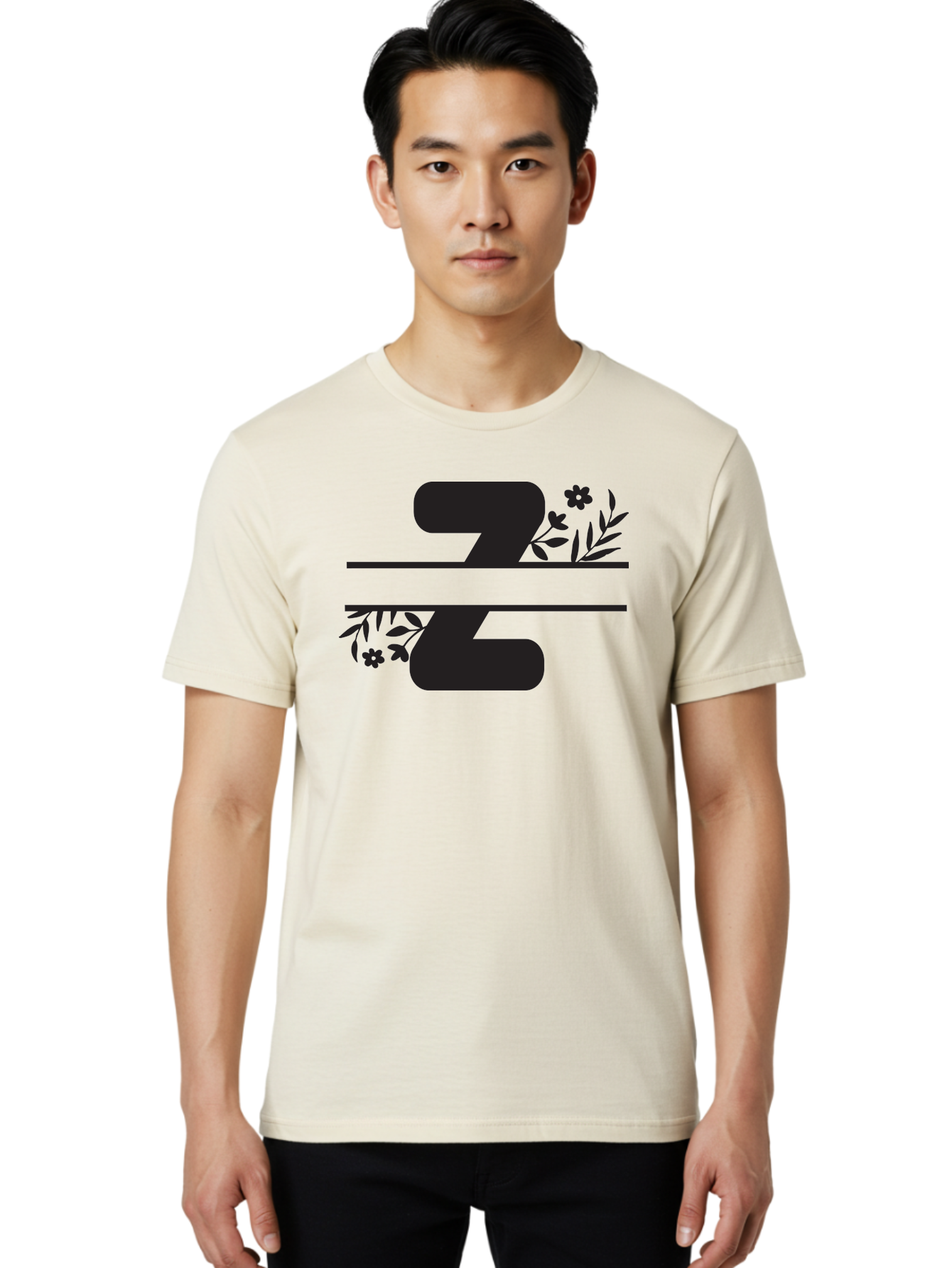33 Men'S Graphic Tee, 100% Cotton, Comfortable Casual Summer Wear, Machine Washable, Number 33, Floral Design, Leafy Patterns, Flower Motifs, Elegant Typography, Decorative Elements, Black And Green Color Scheme Aac446