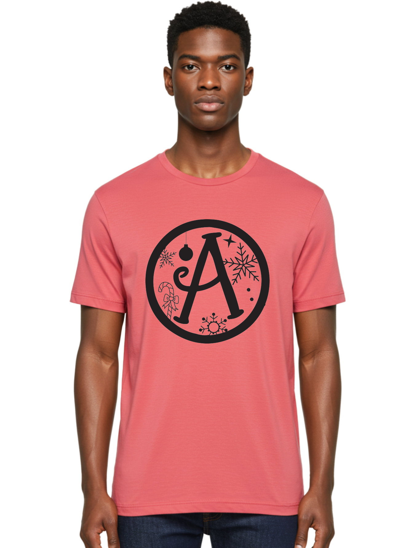 A Men'S Graphic Tee, 100% Cotton, Comfortable Casual Summer Wear, Machine Washable, Christmas Decorations, Black Letter A, Snowflakes, Candy Cane, Christmas Ornament, Holiday Themes, Festive Designs, Winter Wonderland, Christmas Symbols, Aac448 16