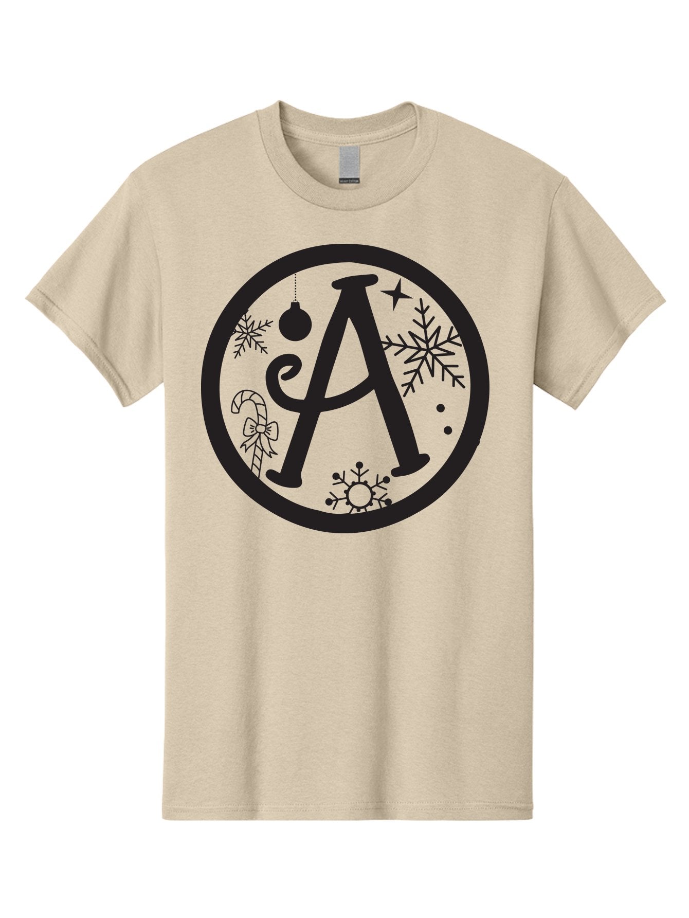 A Men'S Graphic Tee, 100% Cotton, Comfortable Casual Summer Wear, Machine Washable, Christmas Decorations, Black Letter A, Snowflakes, Candy Cane, Christmas Ornament, Holiday Themes, Festive Designs, Winter Wonderland, Christmas Symbols, Aac448