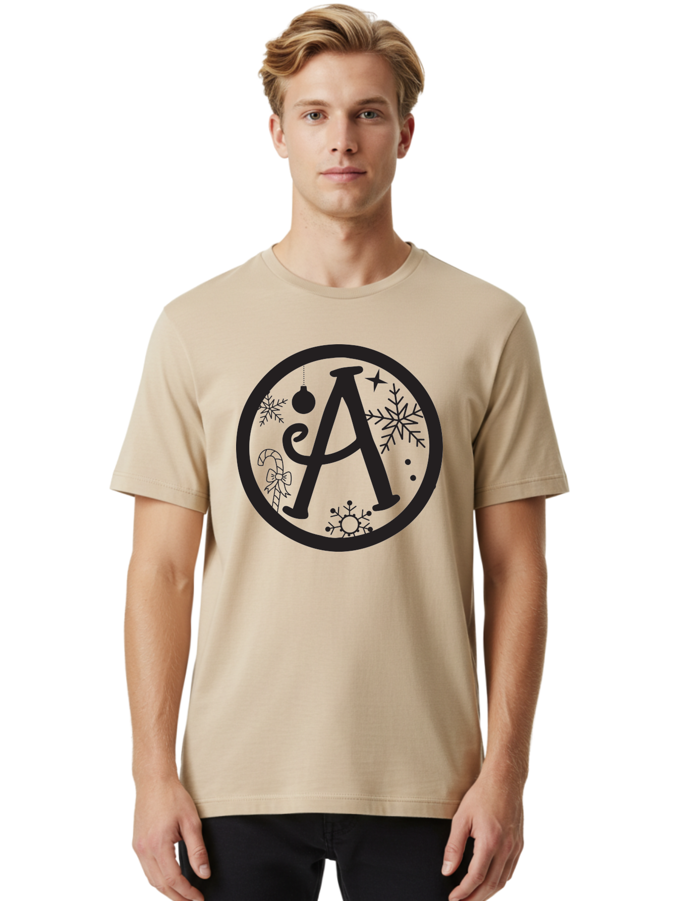 A Men'S Graphic Tee, 100% Cotton, Comfortable Casual Summer Wear, Machine Washable, Christmas Decorations, Black Letter A, Snowflakes, Candy Cane, Christmas Ornament, Holiday Themes, Festive Designs, Winter Wonderland, Christmas Symbols, Aac448 20