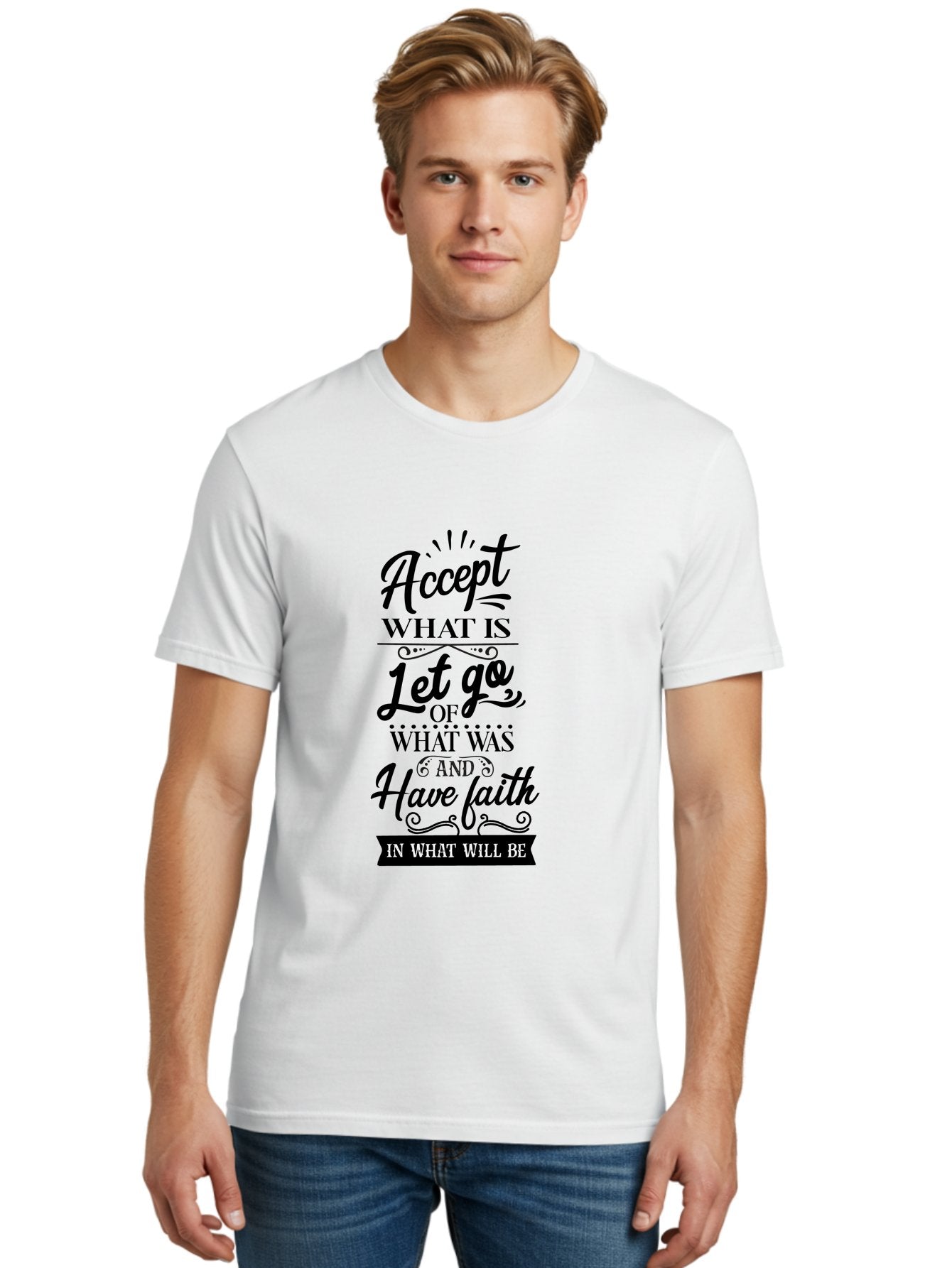 Accept-What-Is Men'S Graphic Tee, 100% Cotton, Comfortable Casual Summer Wear, Machine Washable, Inspirational Quote, Motivational Words, Positive Affirmation, Let Go And Have Faith, Self-Empowerment, Inner Strength, Personal Growth, Accept, Aac450 27