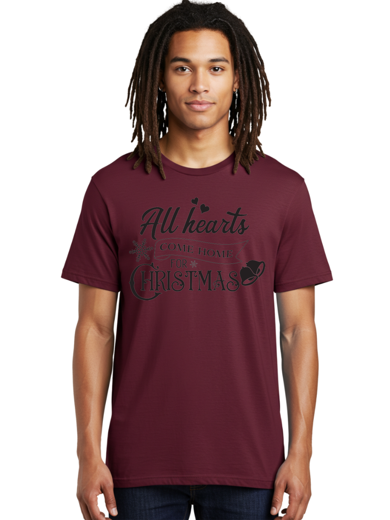 All-Hearts-Come-Home-For-Christmas Men'S Graphic Tee, 100% Cotton, Comfortable Casual Summer Wear, Machine Washable, Christmas Message, Holiday Greeting, Festive Typography, Black Text, Come Home For Christmas, Hearts, Snowflake, Santa Hat, Aac456 12
