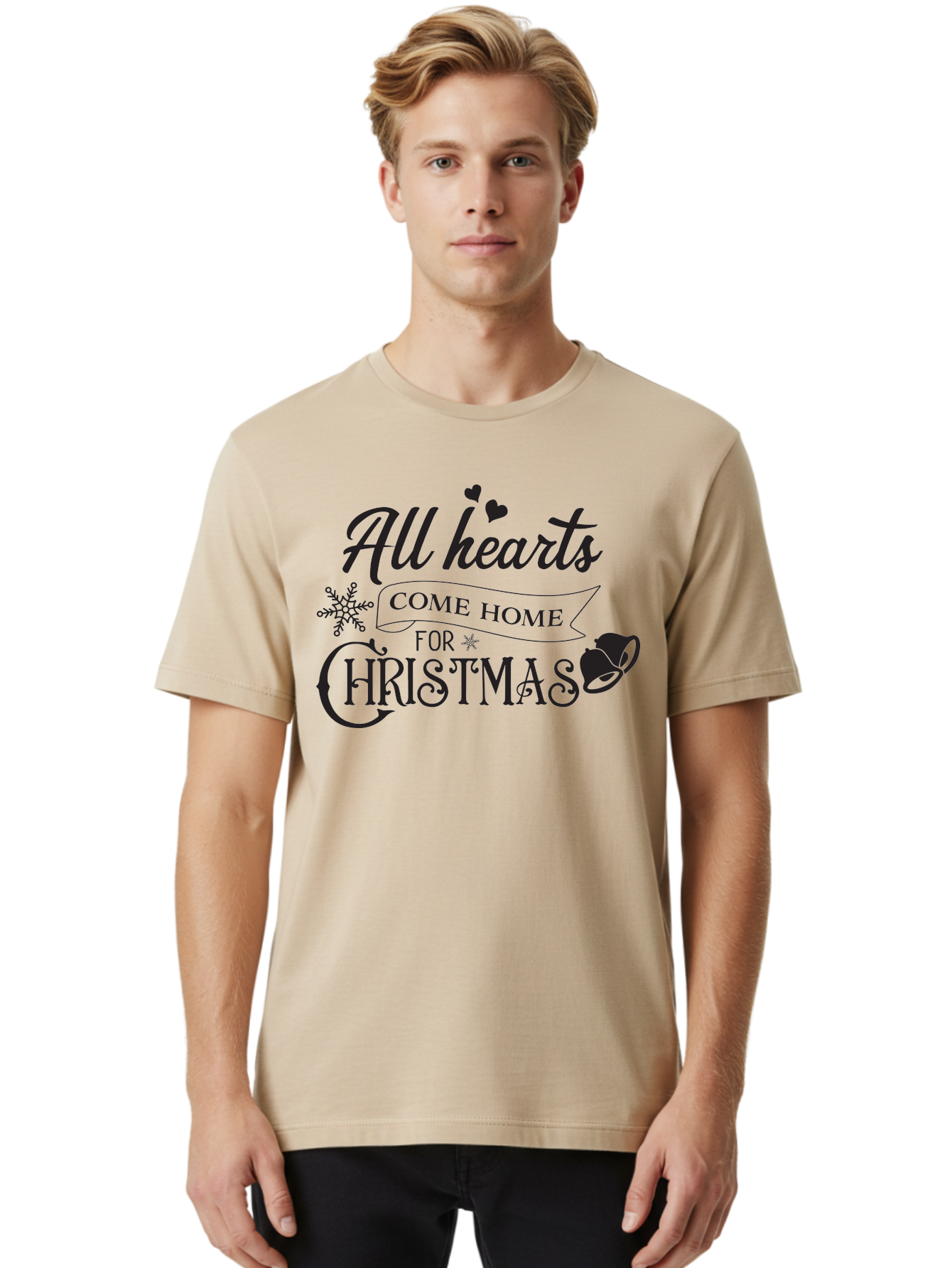 All-Hearts-Come-Home-For-Christmas Men'S Graphic Tee, 100% Cotton, Comfortable Casual Summer Wear, Machine Washable, Christmas Message, Holiday Greeting, Festive Typography, Black Text, Come Home For Christmas, Hearts, Snowflake, Santa Hat, Aac456