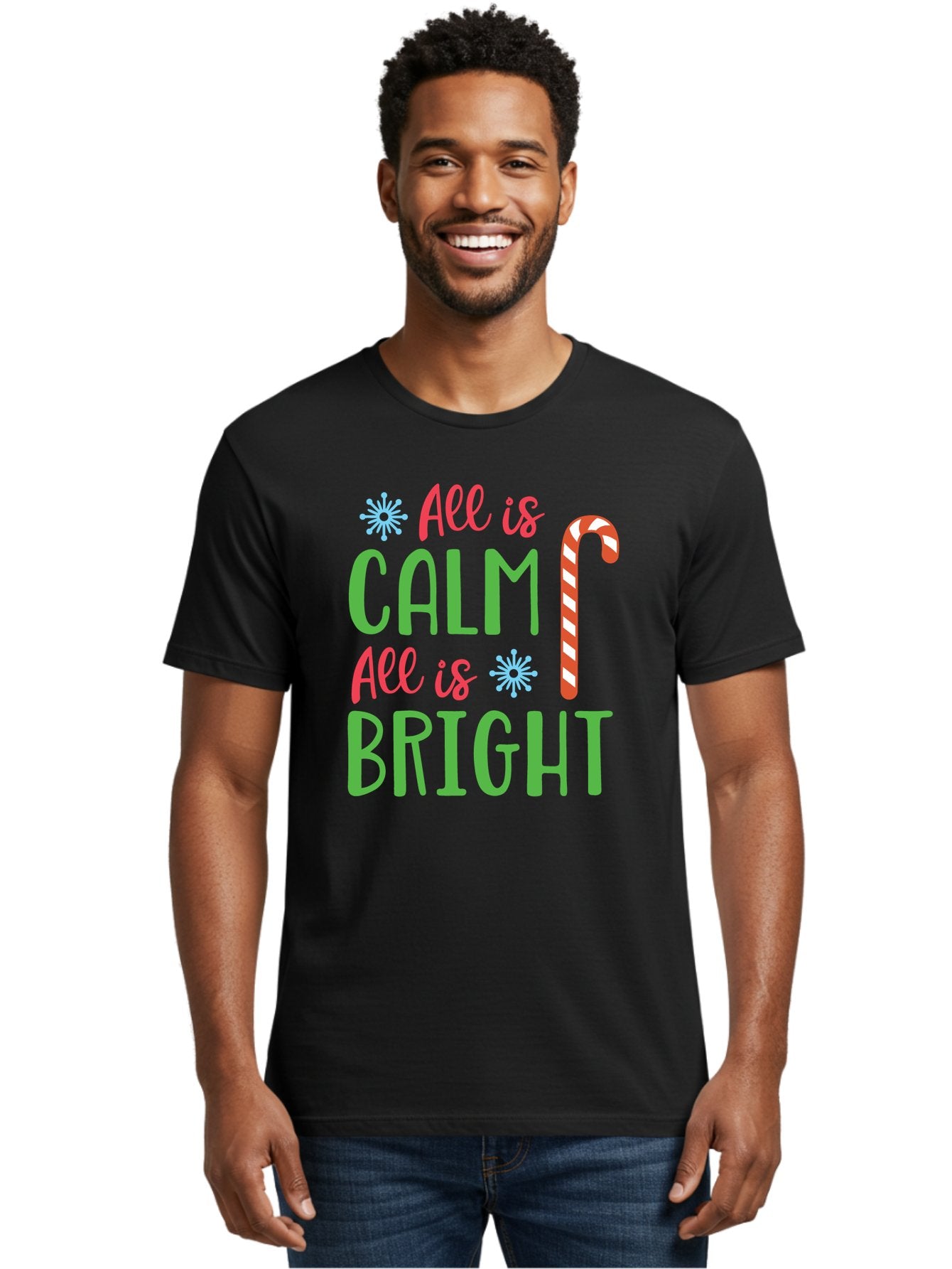 All-Is-Calm-All-Is-Bright Men'S Graphic Tee, 100% Cotton, Comfortable Casual Summer Wear, Machine Washable, Holiday Graphics, Christmas Decor, Candy Cane Art, Festive Typography, Winter Wonderland, Holiday Cheer, Christmas Magic, Sweet Treats, Aac458 29