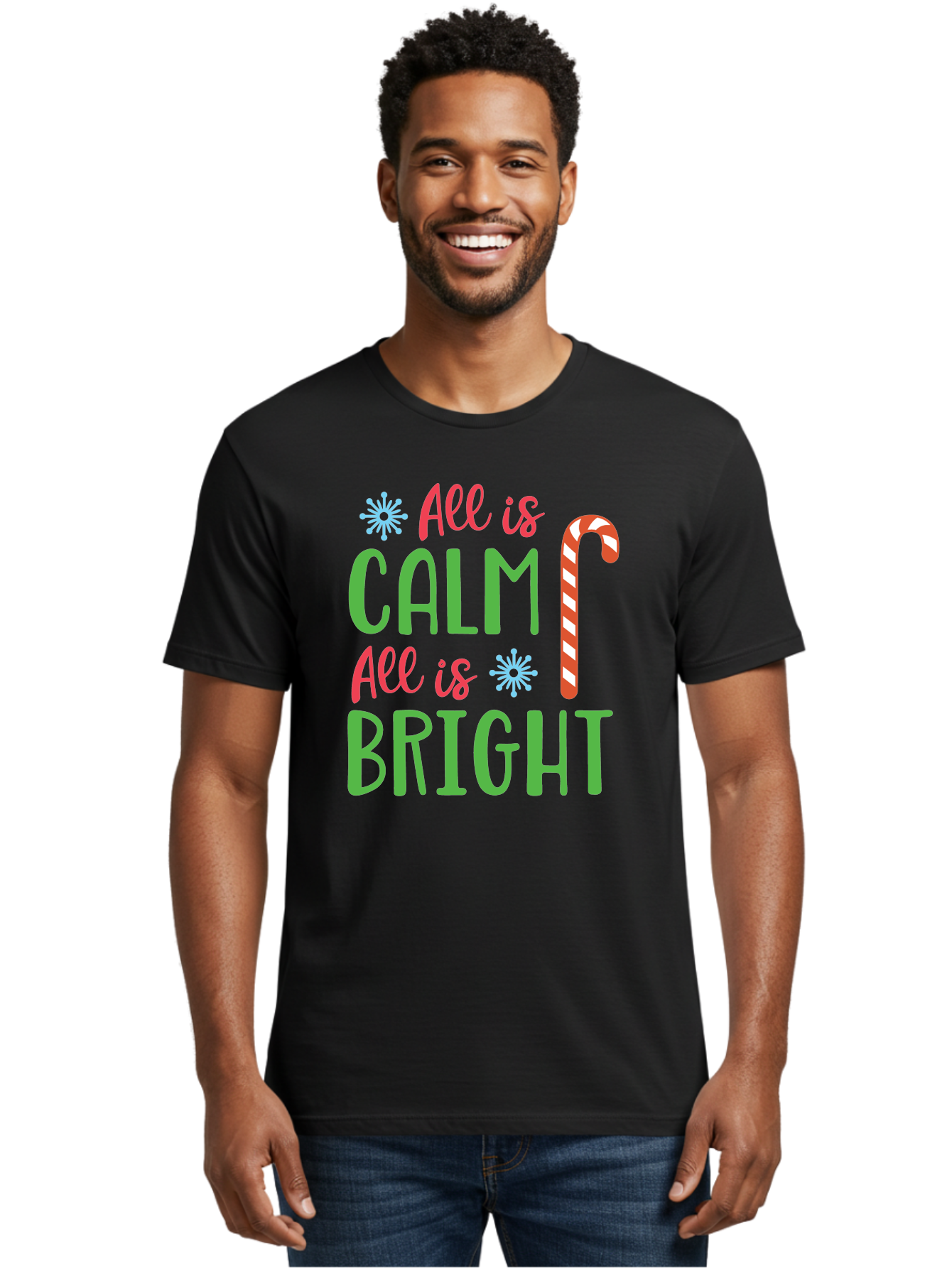All-Is-Calm-All-Is-Bright Men'S Graphic Tee, 100% Cotton, Comfortable Casual Summer Wear, Machine Washable, Holiday Graphics, Christmas Decor, Candy Cane Art, Festive Typography, Winter Wonderland, Holiday Cheer, Christmas Magic, Sweet Treats, Aac458 4