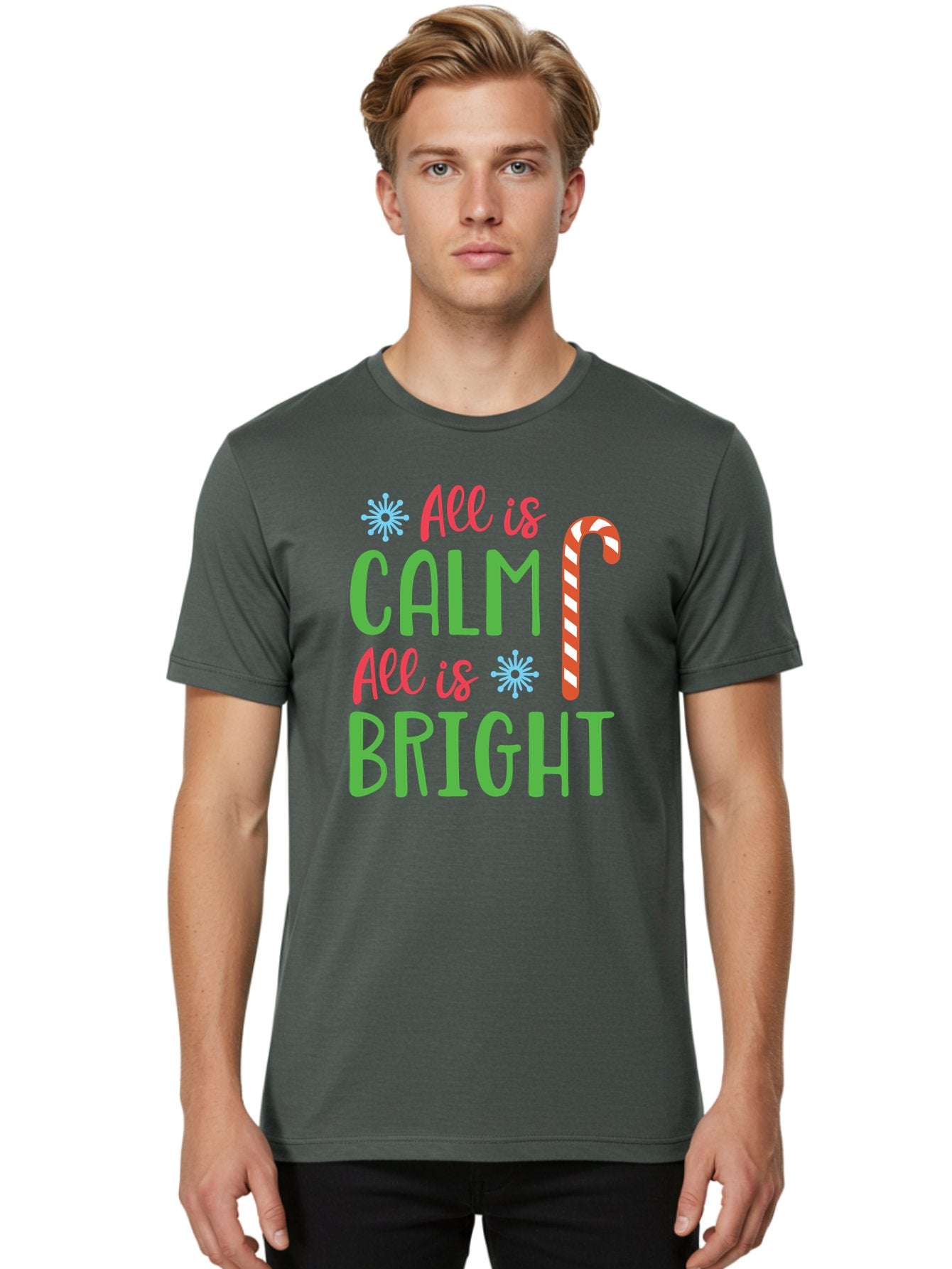 All-Is-Calm-All-Is-Bright Men'S Graphic Tee, 100% Cotton, Comfortable Casual Summer Wear, Machine Washable, Holiday Graphics, Christmas Decor, Candy Cane Art, Festive Typography, Winter Wonderland, Holiday Cheer, Christmas Magic, Sweet Treats, Aac458 25