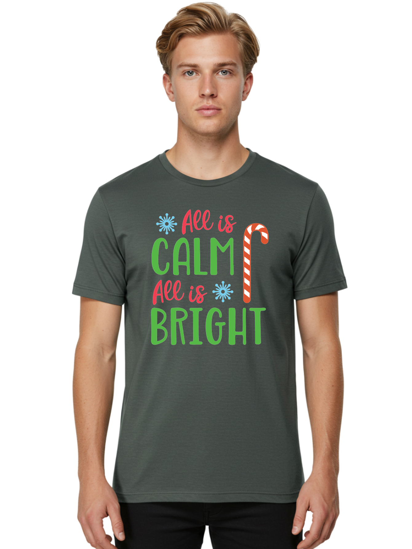 All-Is-Calm-All-Is-Bright Men'S Graphic Tee, 100% Cotton, Comfortable Casual Summer Wear, Machine Washable, Holiday Graphics, Christmas Decor, Candy Cane Art, Festive Typography, Winter Wonderland, Holiday Cheer, Christmas Magic, Sweet Treats, Aac458 12