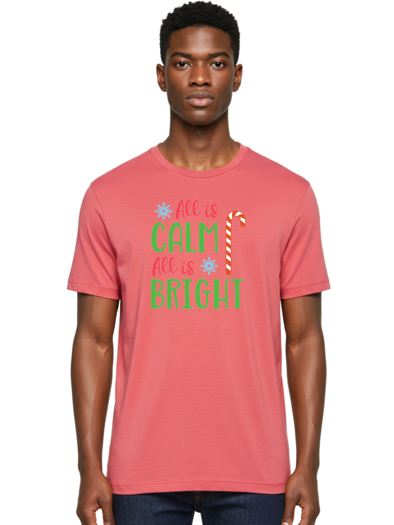 All-Is-Calm-All-Is-Bright Men'S Graphic Tee, 100% Cotton, Comfortable Casual Summer Wear, Machine Washable, Holiday Graphics, Christmas Decor, Candy Cane Art, Festive Typography, Winter Wonderland, Holiday Cheer, Christmas Magic, Sweet Treats, Aac458 24