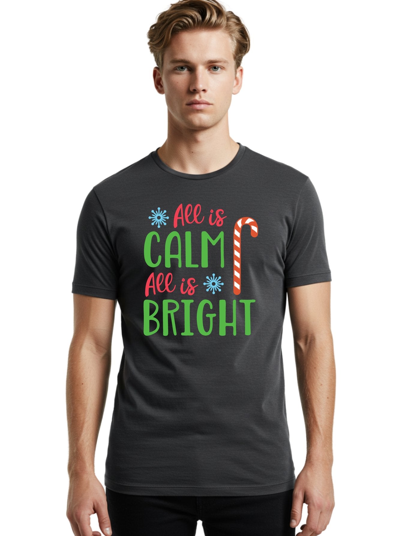 All-Is-Calm-All-Is-Bright Men'S Graphic Tee, 100% Cotton, Comfortable Casual Summer Wear, Machine Washable, Holiday Graphics, Christmas Decor, Candy Cane Art, Festive Typography, Winter Wonderland, Holiday Cheer, Christmas Magic, Sweet Treats, Aac458 19