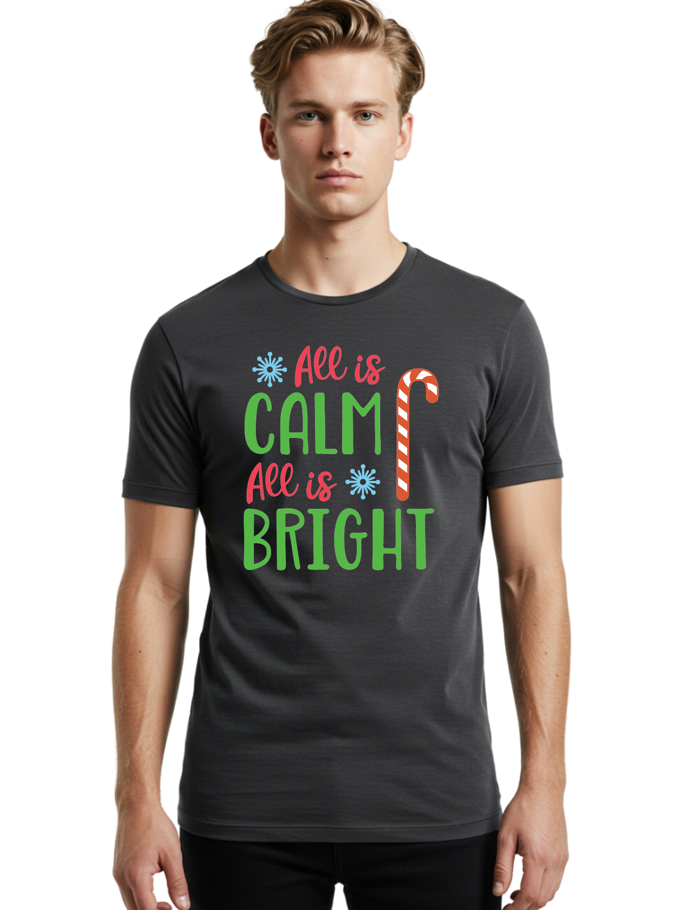 All-Is-Calm-All-Is-Bright Men'S Graphic Tee, 100% Cotton, Comfortable Casual Summer Wear, Machine Washable, Holiday Graphics, Christmas Decor, Candy Cane Art, Festive Typography, Winter Wonderland, Holiday Cheer, Christmas Magic, Sweet Treats, Aac458 22
