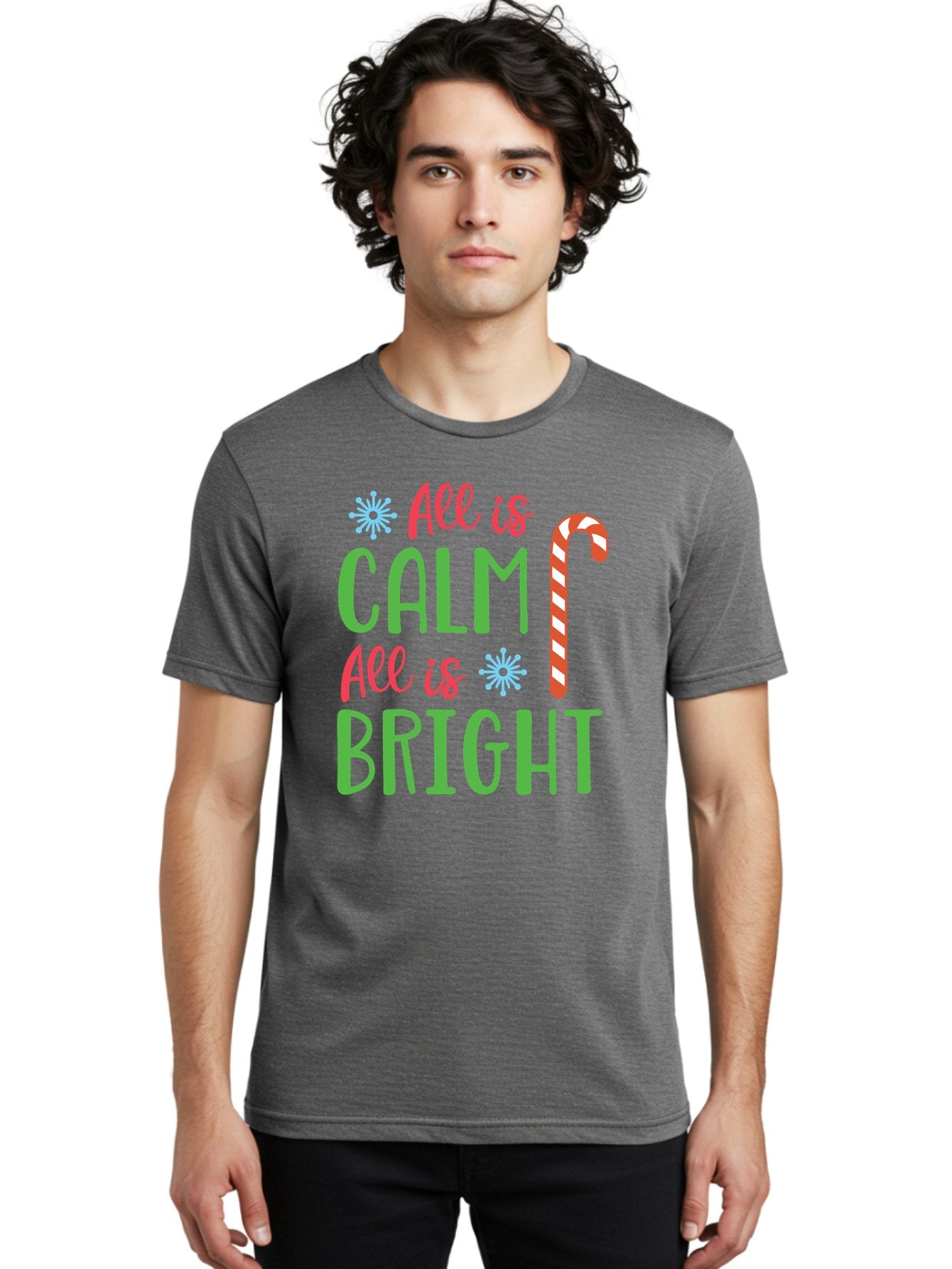 All-Is-Calm-All-Is-Bright Men'S Graphic Tee, 100% Cotton, Comfortable Casual Summer Wear, Machine Washable, Holiday Graphics, Christmas Decor, Candy Cane Art, Festive Typography, Winter Wonderland, Holiday Cheer, Christmas Magic, Sweet Treats, Aac458 28