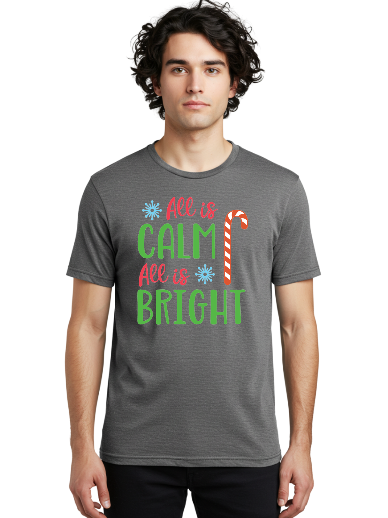 All-Is-Calm-All-Is-Bright Men'S Graphic Tee, 100% Cotton, Comfortable Casual Summer Wear, Machine Washable, Holiday Graphics, Christmas Decor, Candy Cane Art, Festive Typography, Winter Wonderland, Holiday Cheer, Christmas Magic, Sweet Treats, Aac458 6