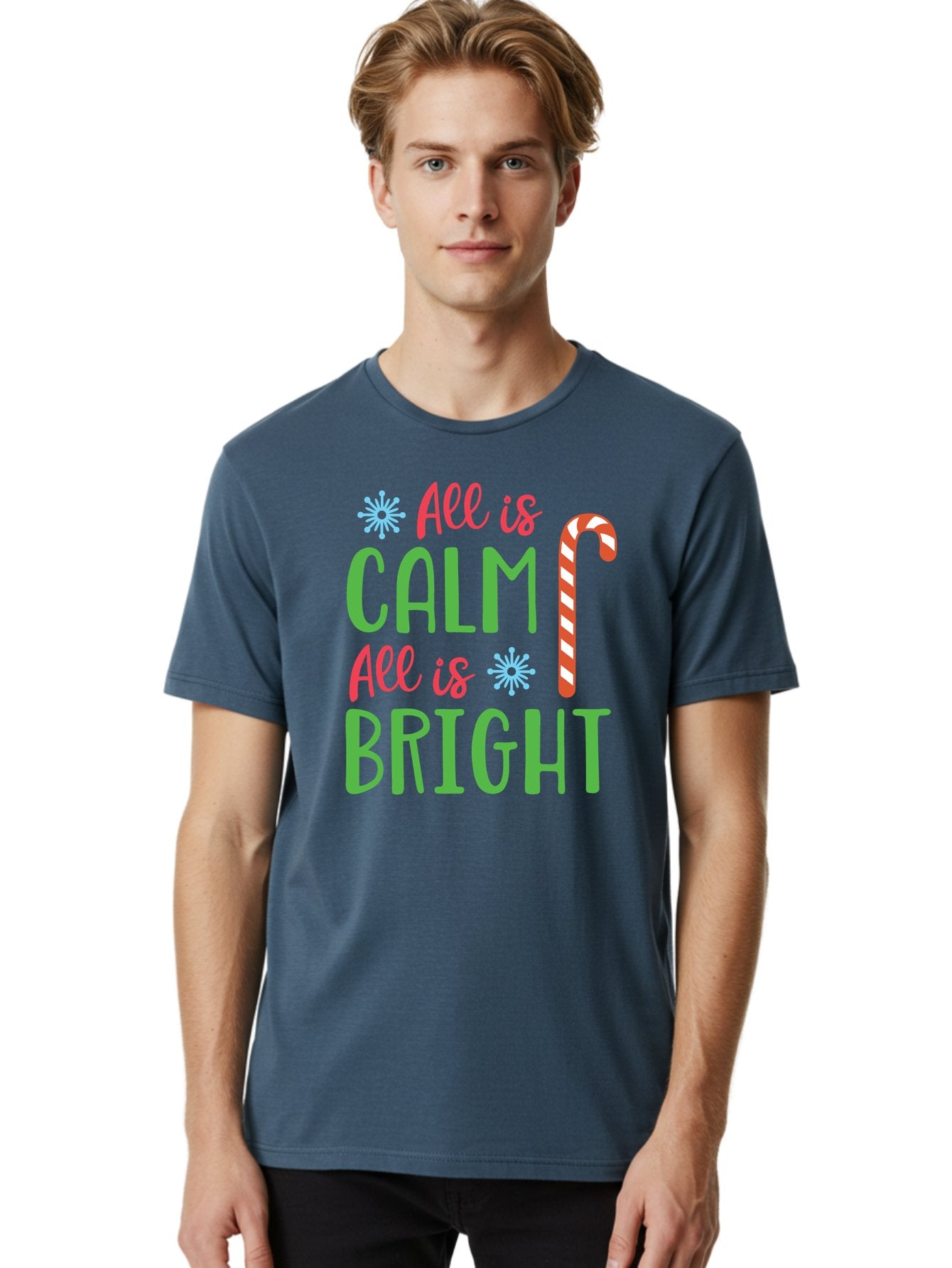 All-Is-Calm-All-Is-Bright Men'S Graphic Tee, 100% Cotton, Comfortable Casual Summer Wear, Machine Washable, Holiday Graphics, Christmas Decor, Candy Cane Art, Festive Typography, Winter Wonderland, Holiday Cheer, Christmas Magic, Sweet Treats, Aac458 21