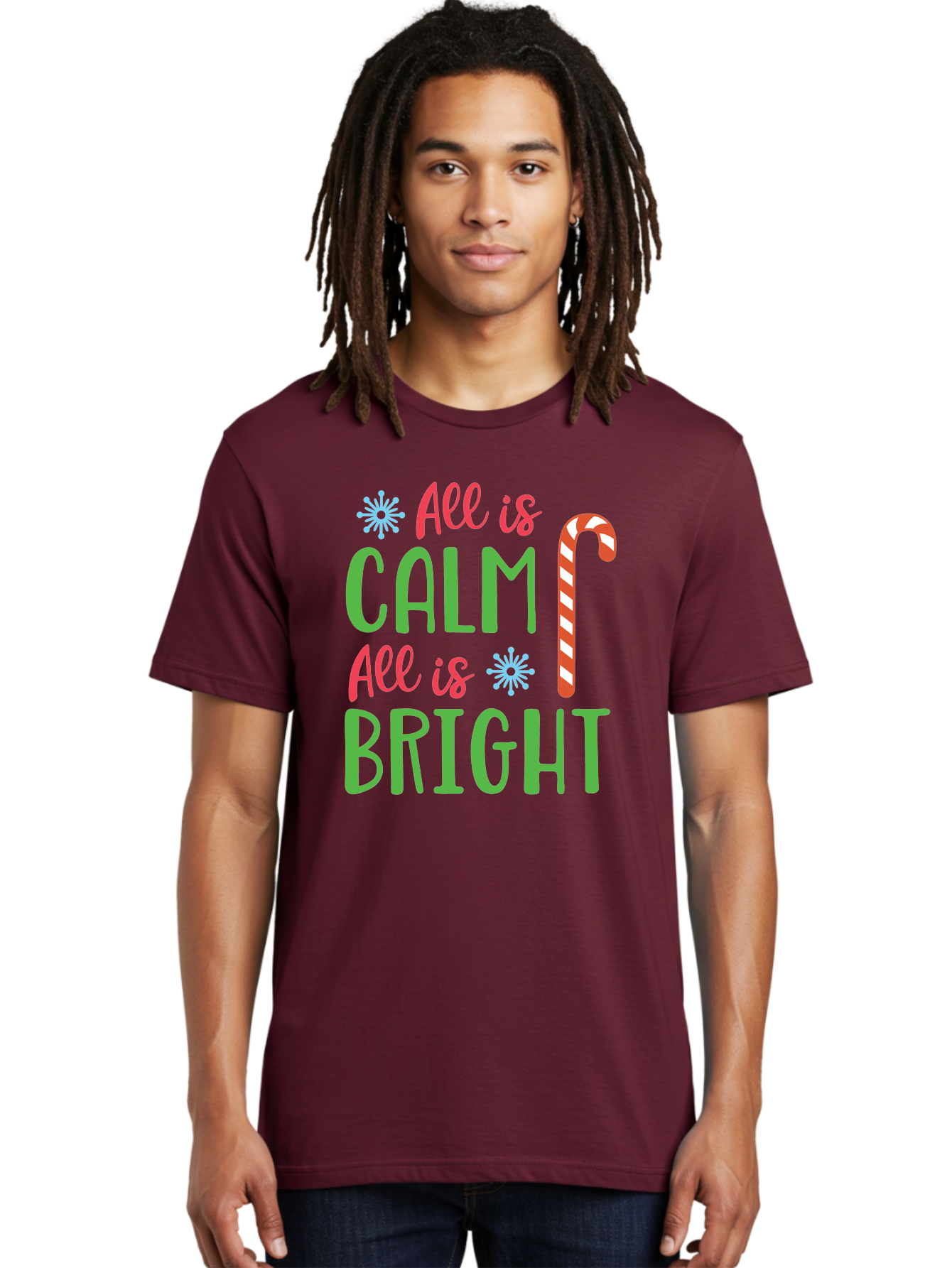 All-Is-Calm-All-Is-Bright Men'S Graphic Tee, 100% Cotton, Comfortable Casual Summer Wear, Machine Washable, Holiday Graphics, Christmas Decor, Candy Cane Art, Festive Typography, Winter Wonderland, Holiday Cheer, Christmas Magic, Sweet Treats, Aac458 16