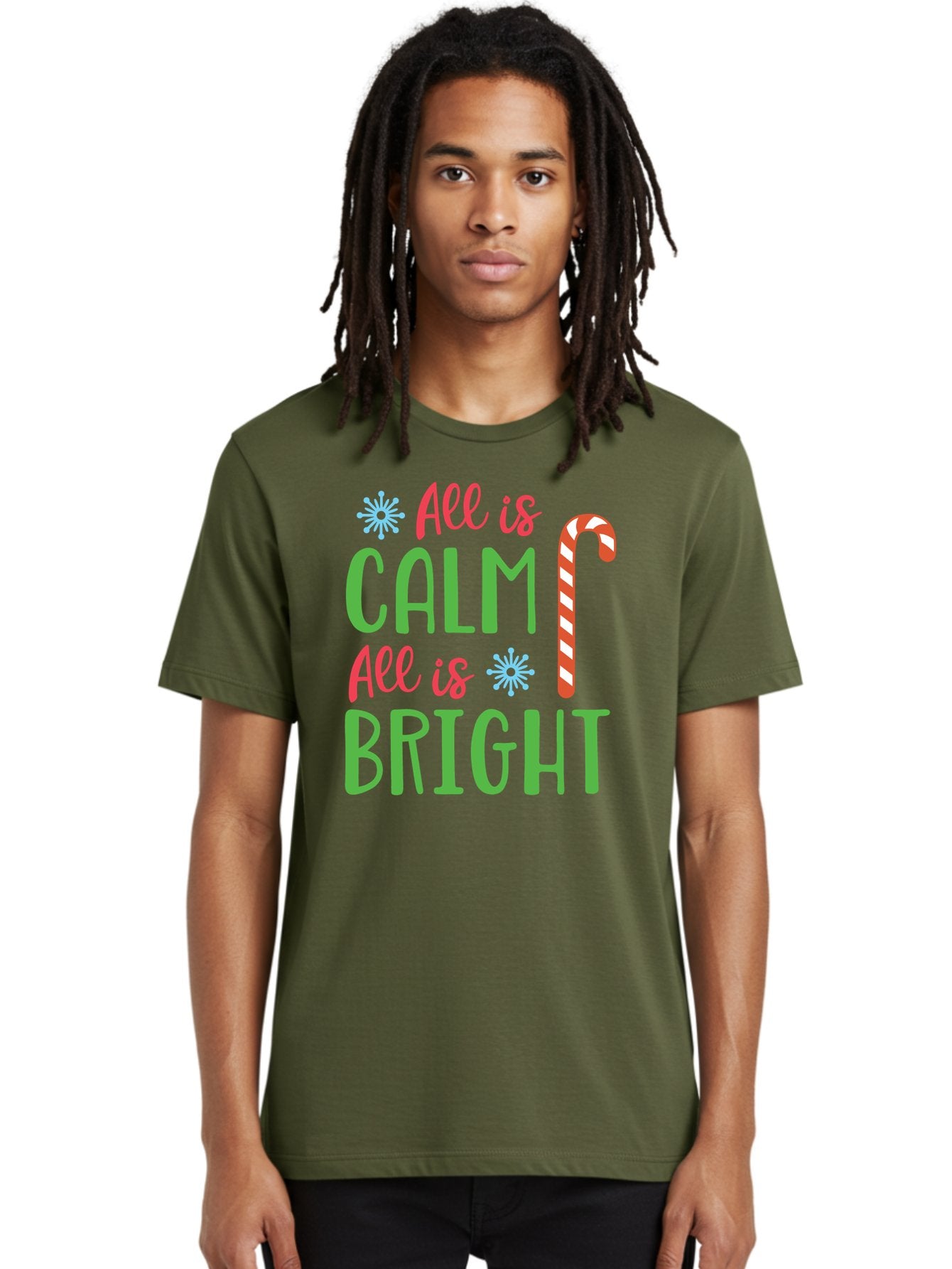 All-Is-Calm-All-Is-Bright Men'S Graphic Tee, 100% Cotton, Comfortable Casual Summer Wear, Machine Washable, Holiday Graphics, Christmas Decor, Candy Cane Art, Festive Typography, Winter Wonderland, Holiday Cheer, Christmas Magic, Sweet Treats, Aac458 17