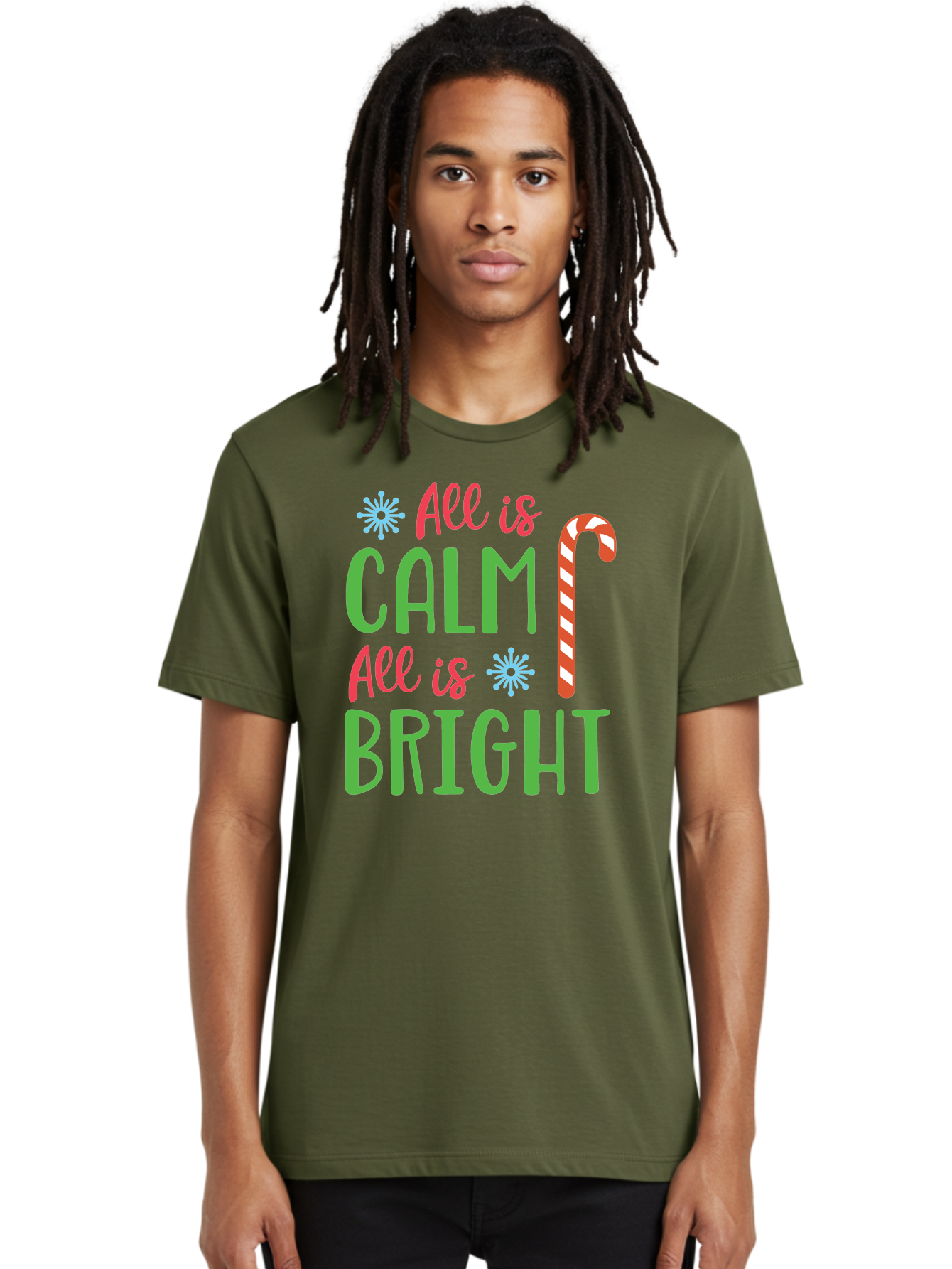 All-Is-Calm-All-Is-Bright Men'S Graphic Tee, 100% Cotton, Comfortable Casual Summer Wear, Machine Washable, Holiday Graphics, Christmas Decor, Candy Cane Art, Festive Typography, Winter Wonderland, Holiday Cheer, Christmas Magic, Sweet Treats, Aac458 28