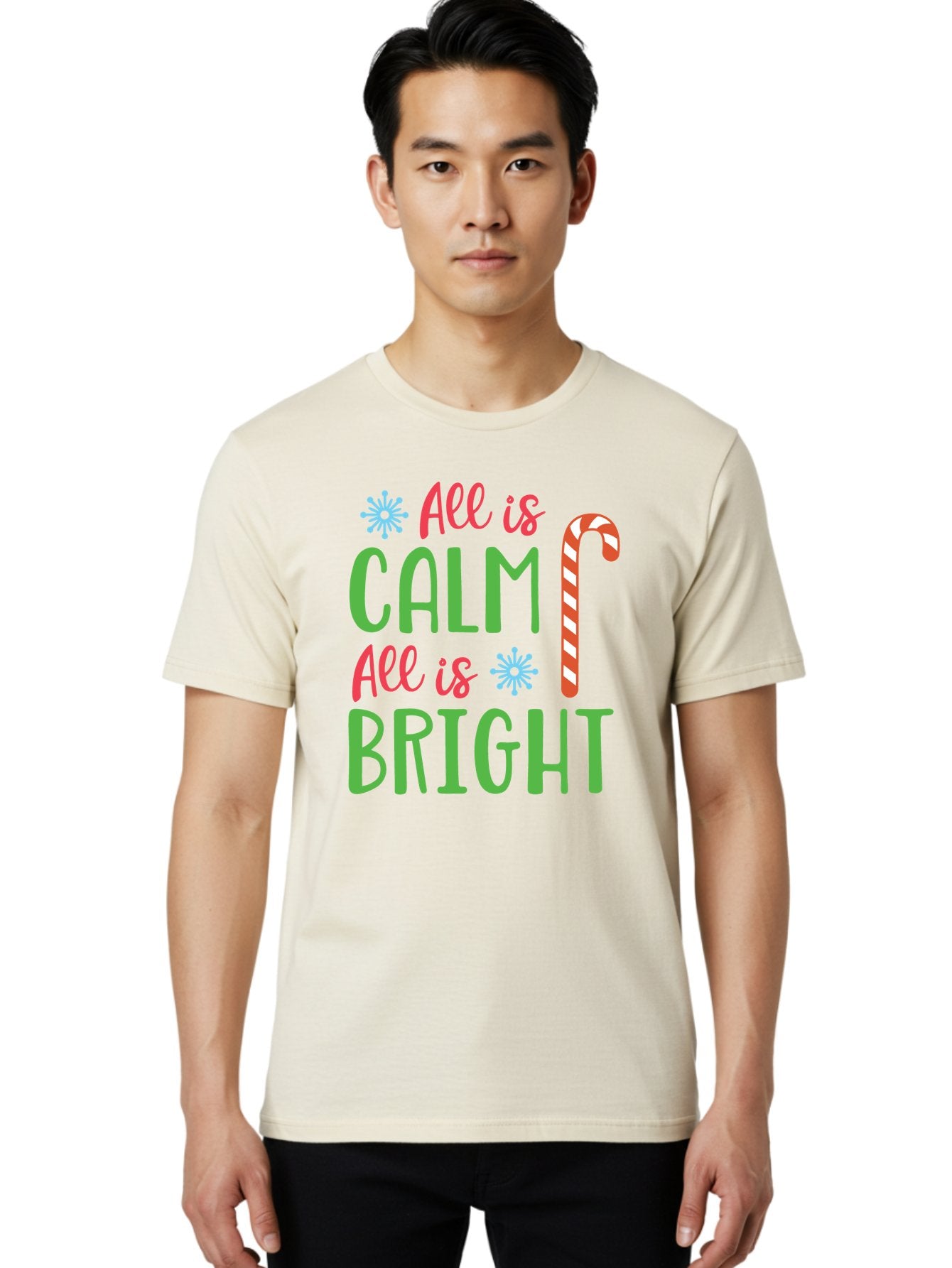 All-Is-Calm-All-Is-Bright Men'S Graphic Tee, 100% Cotton, Comfortable Casual Summer Wear, Machine Washable, Holiday Graphics, Christmas Decor, Candy Cane Art, Festive Typography, Winter Wonderland, Holiday Cheer, Christmas Magic, Sweet Treats, Aac458 22