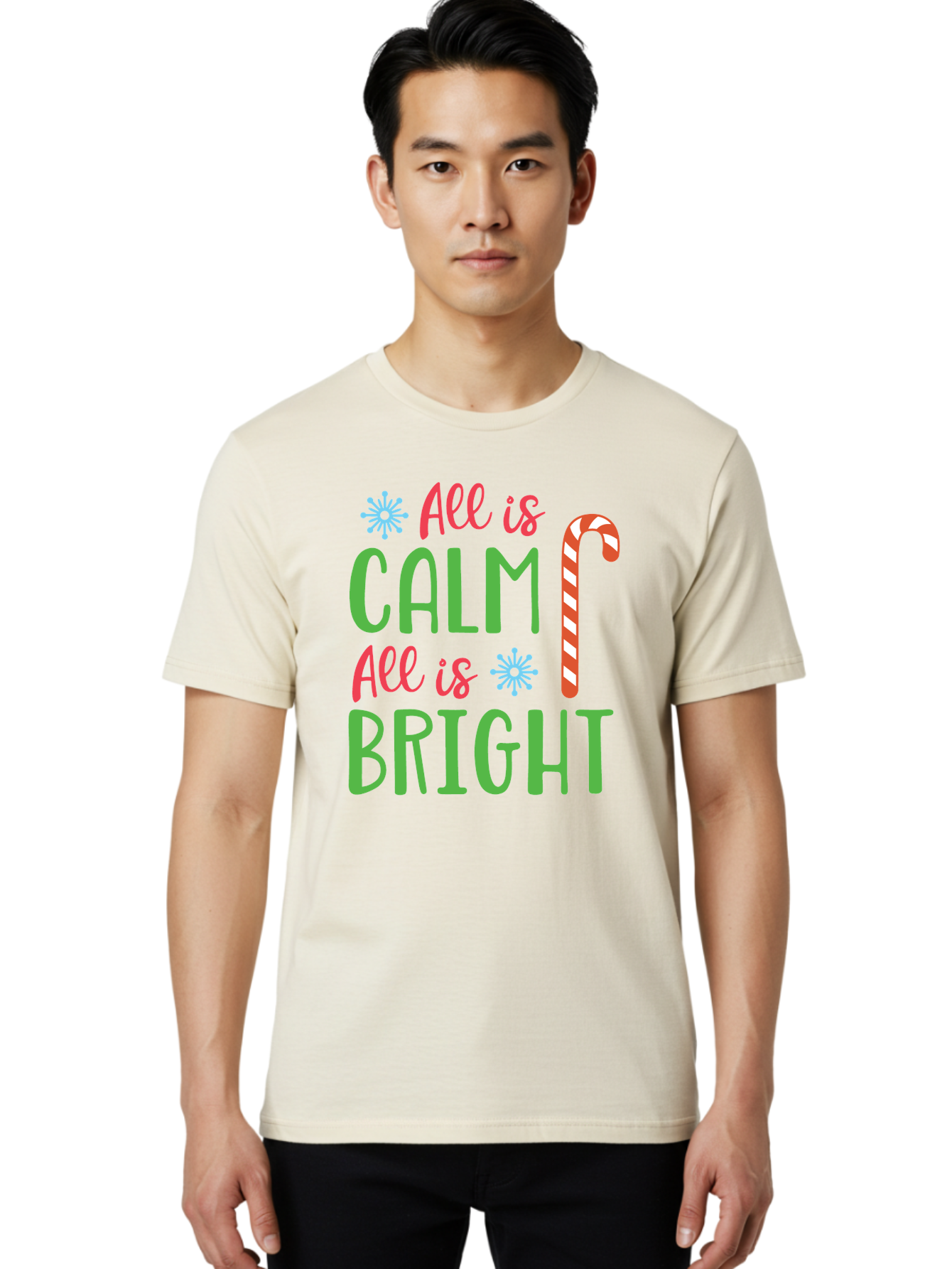 All-Is-Calm-All-Is-Bright Men'S Graphic Tee, 100% Cotton, Comfortable Casual Summer Wear, Machine Washable, Holiday Graphics, Christmas Decor, Candy Cane Art, Festive Typography, Winter Wonderland, Holiday Cheer, Christmas Magic, Sweet Treats, Aac458 18